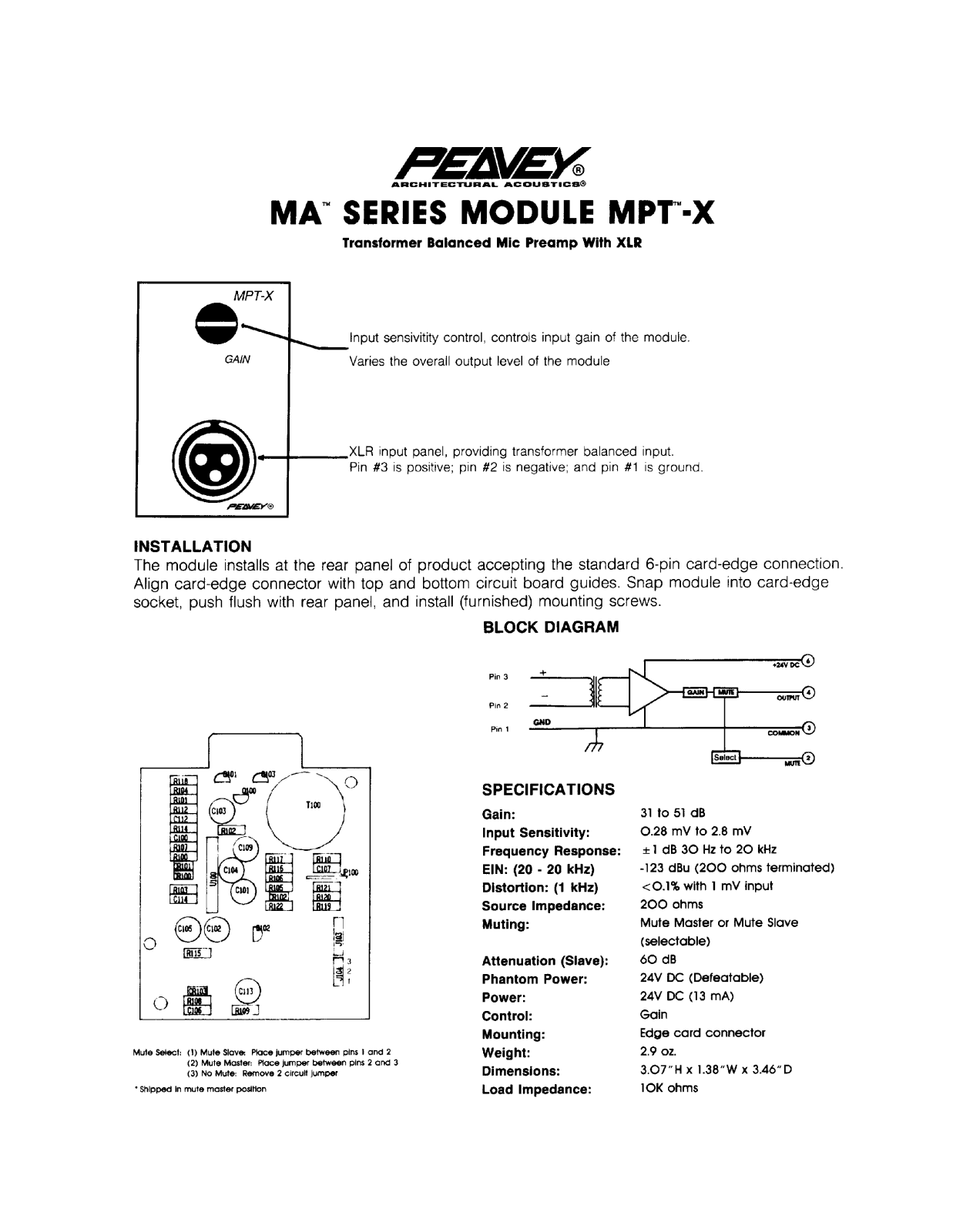Peavey MA Series MODULE MPT-X INSTALLATION GUIDE