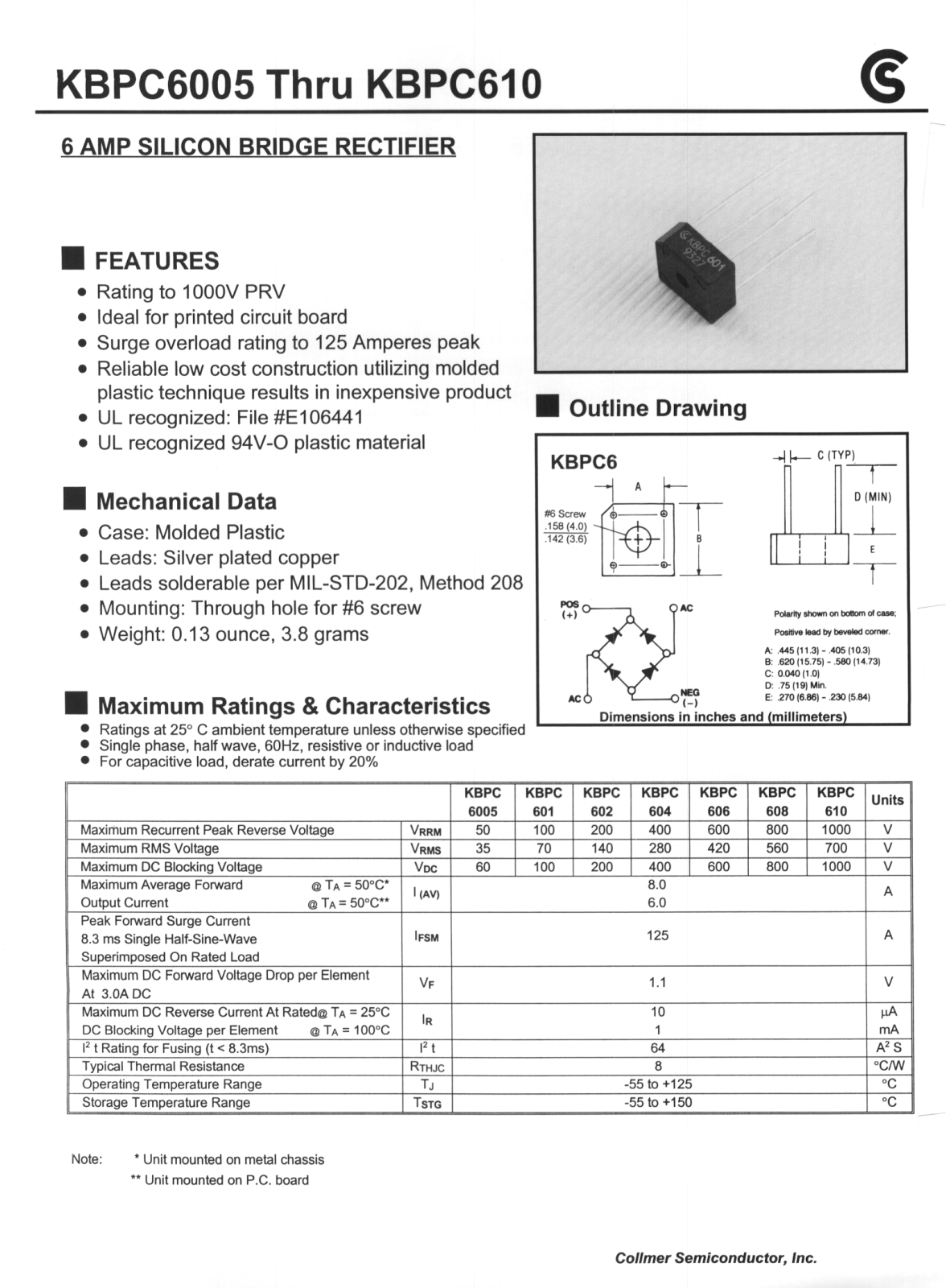 CALLMER KBPC610, KBPC606, KBPC604, KBPC602, KBPC6005 Datasheet