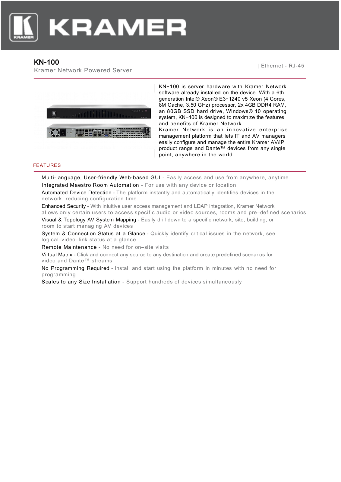 Kramer KN-100 Datasheet