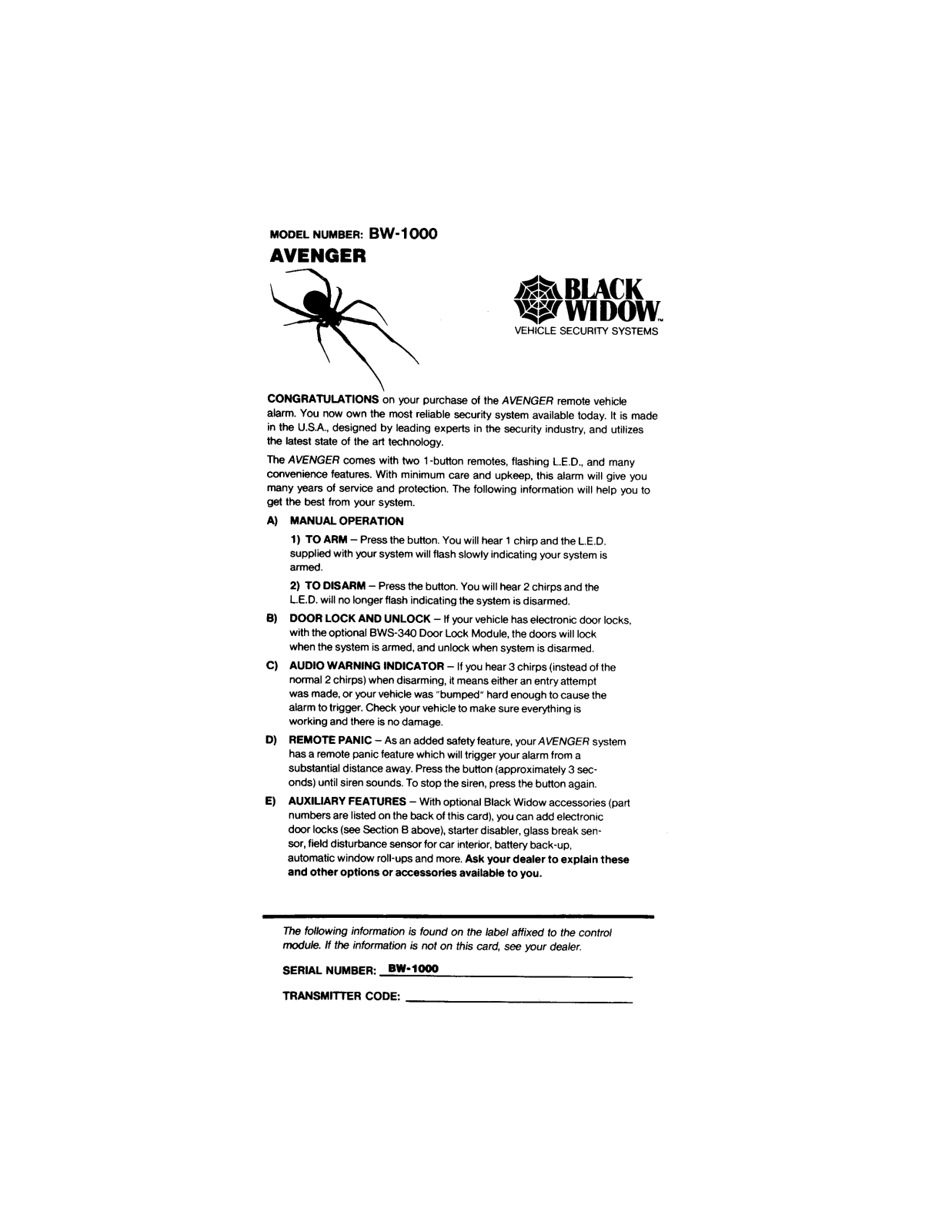 Black Widow BW 1000 User Manual