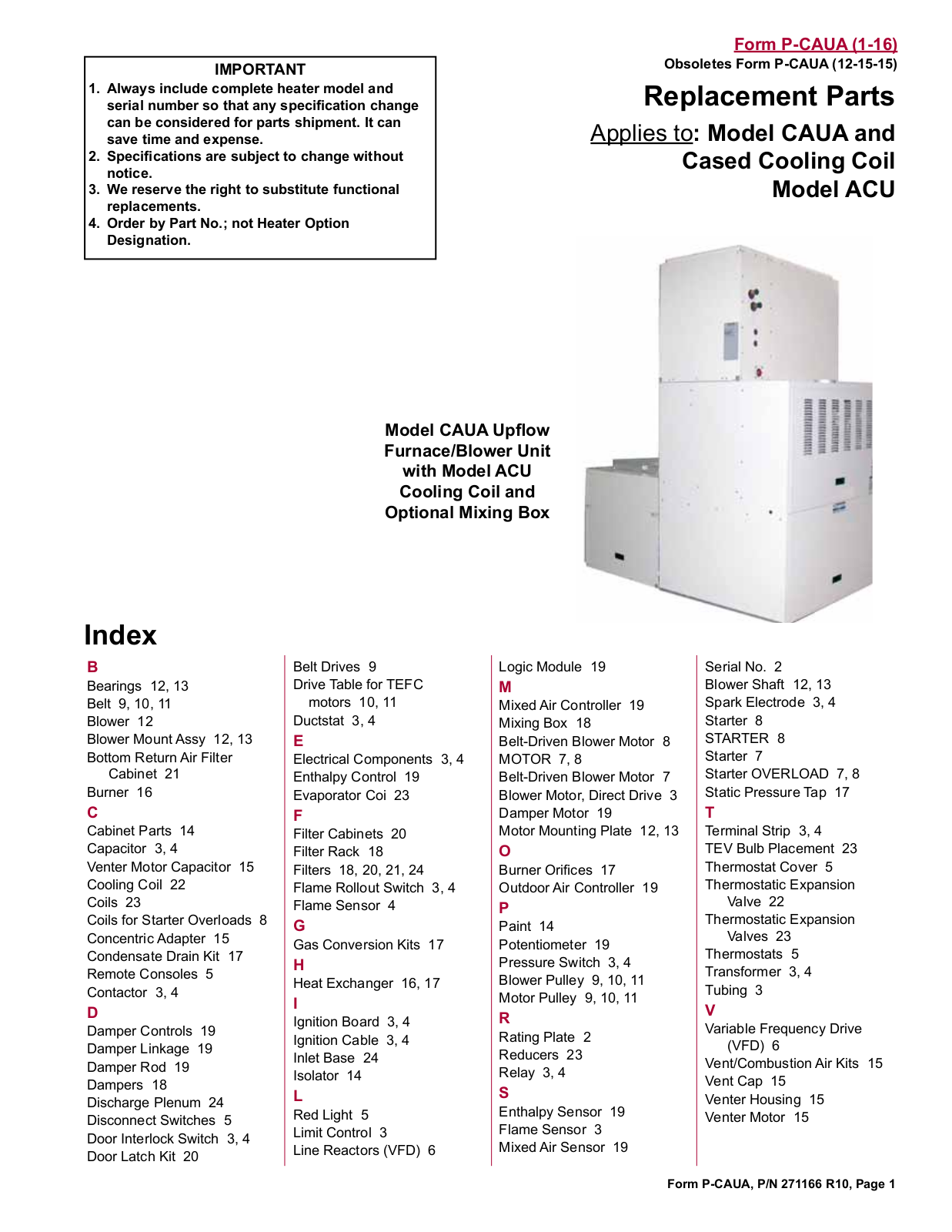 Reznor CAUA150 Parts List