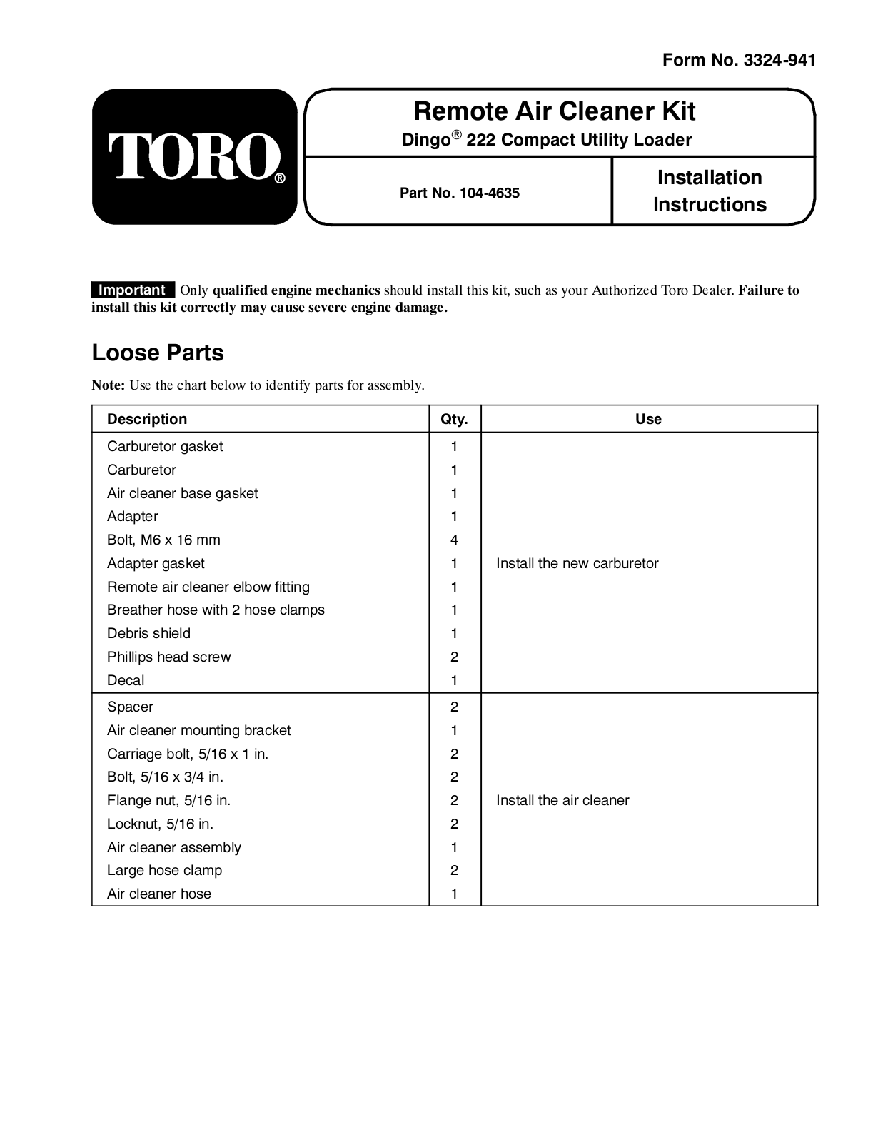 Toro 104-4635 Installation Instructions