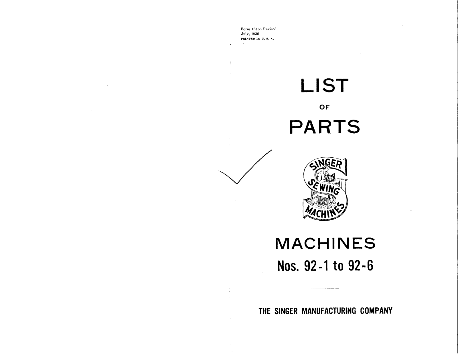 Singer 92-1, 92-6 User Manual