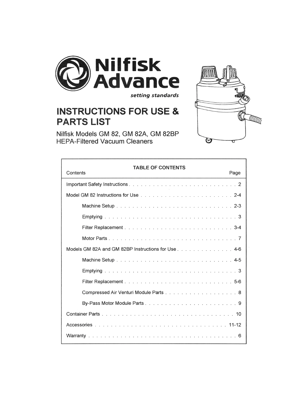 Nilfisk GM 82BP, GM 82A, GM 82 Part List