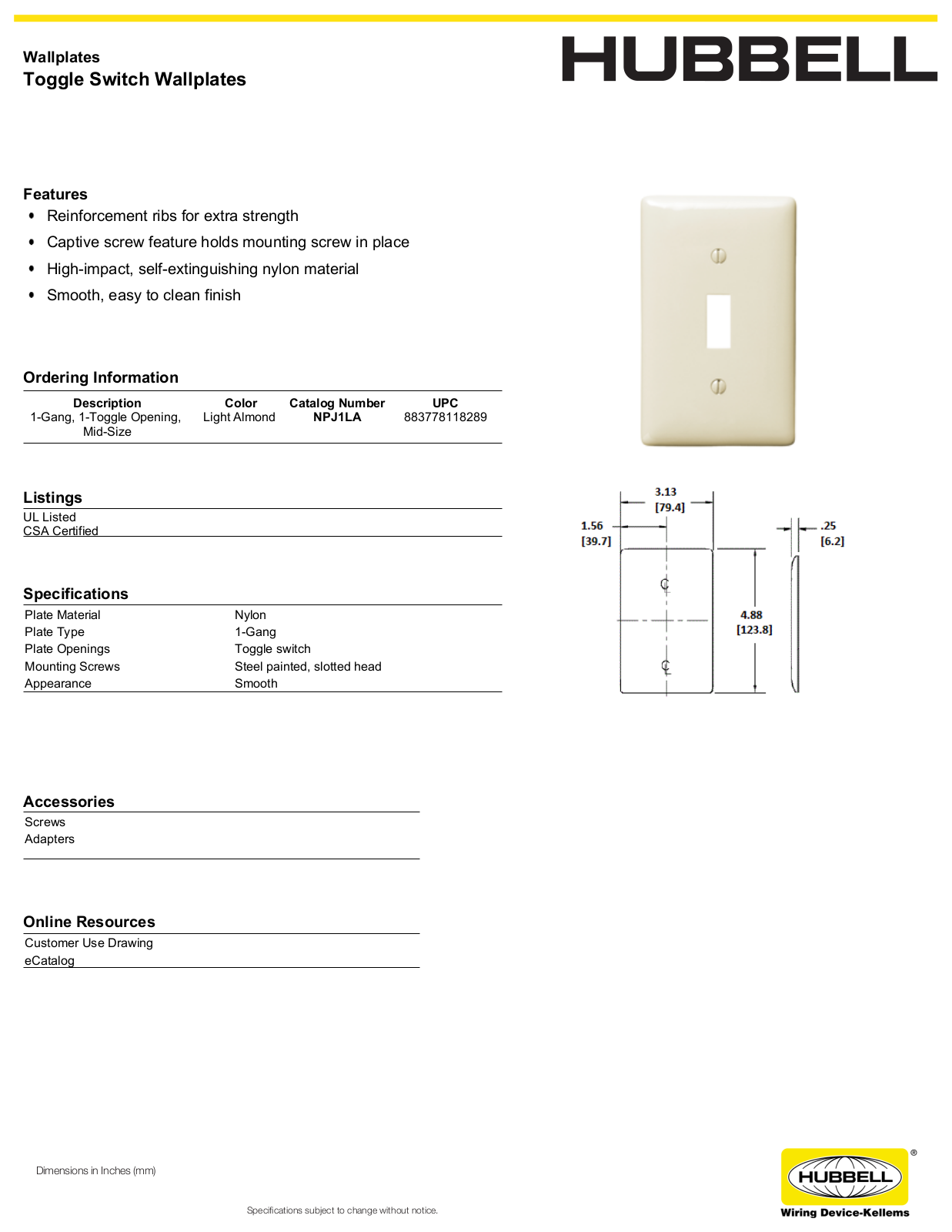 Hubbell NPJ1LA Specifications