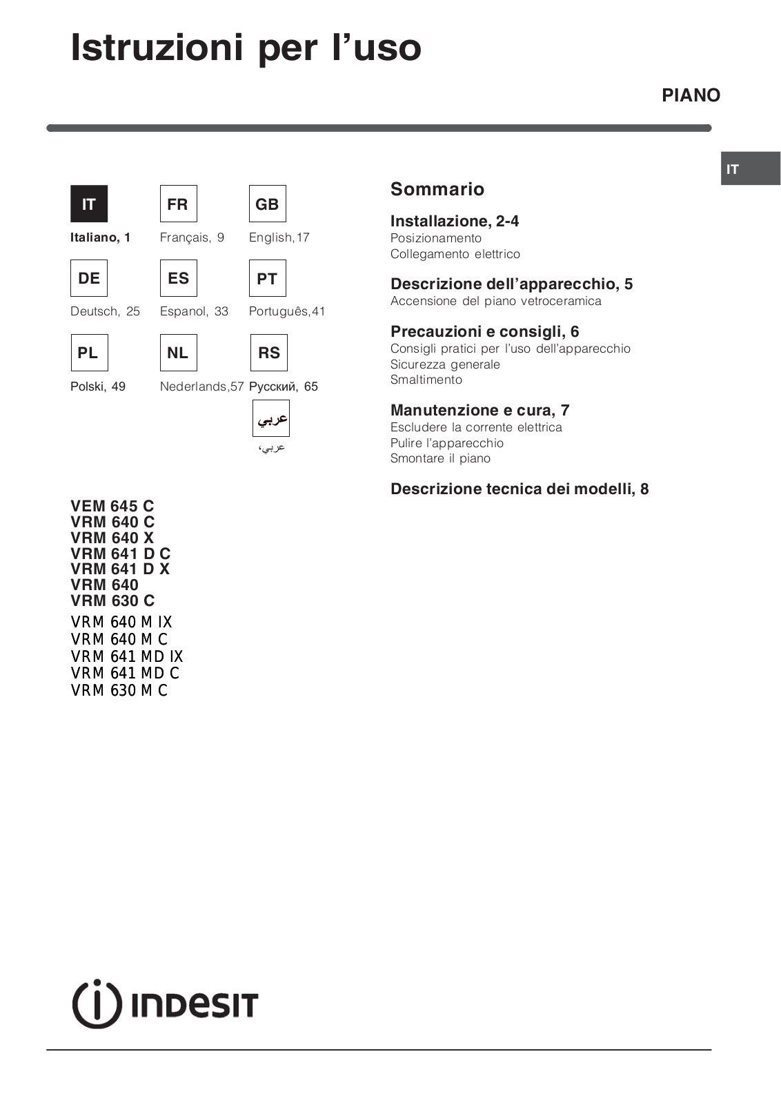 INDESIT VRM640C, VRM641MDC User Manual