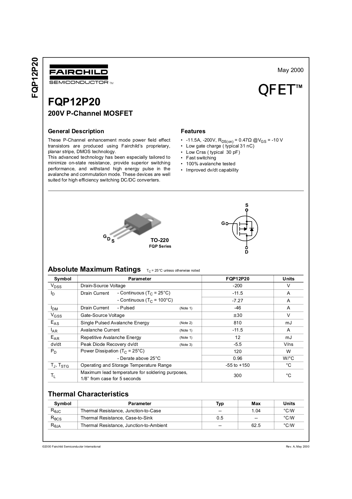 Fairchild Semiconductor FQP12P20 Datasheet