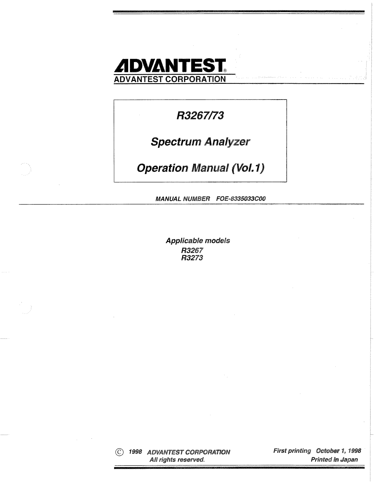 Advantest Corporation R3273, R3267 User Manual