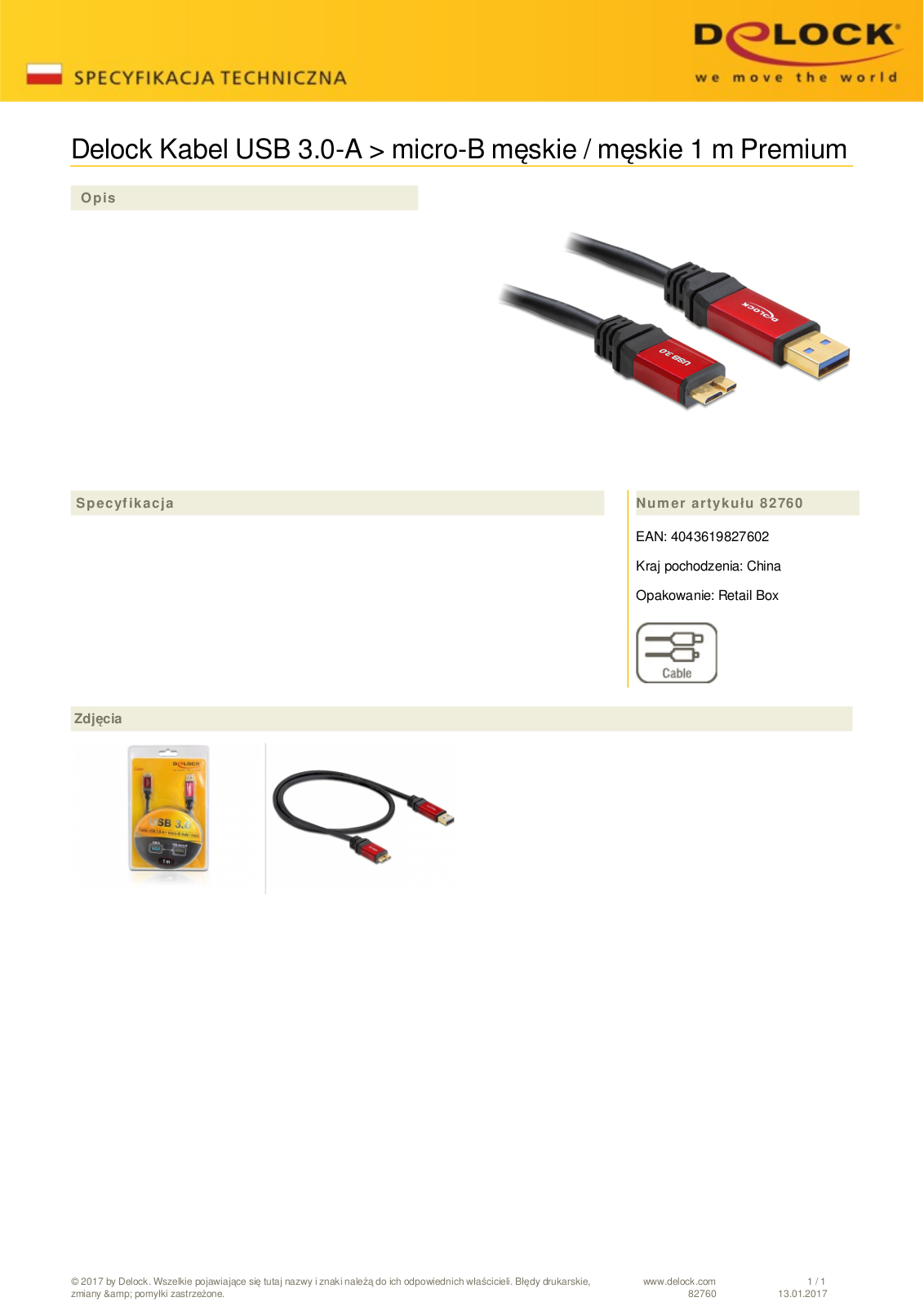 DeLOCK Premium USB-A 3.0 to USB 3.0 micro-B adapter cable, 1m User Manual