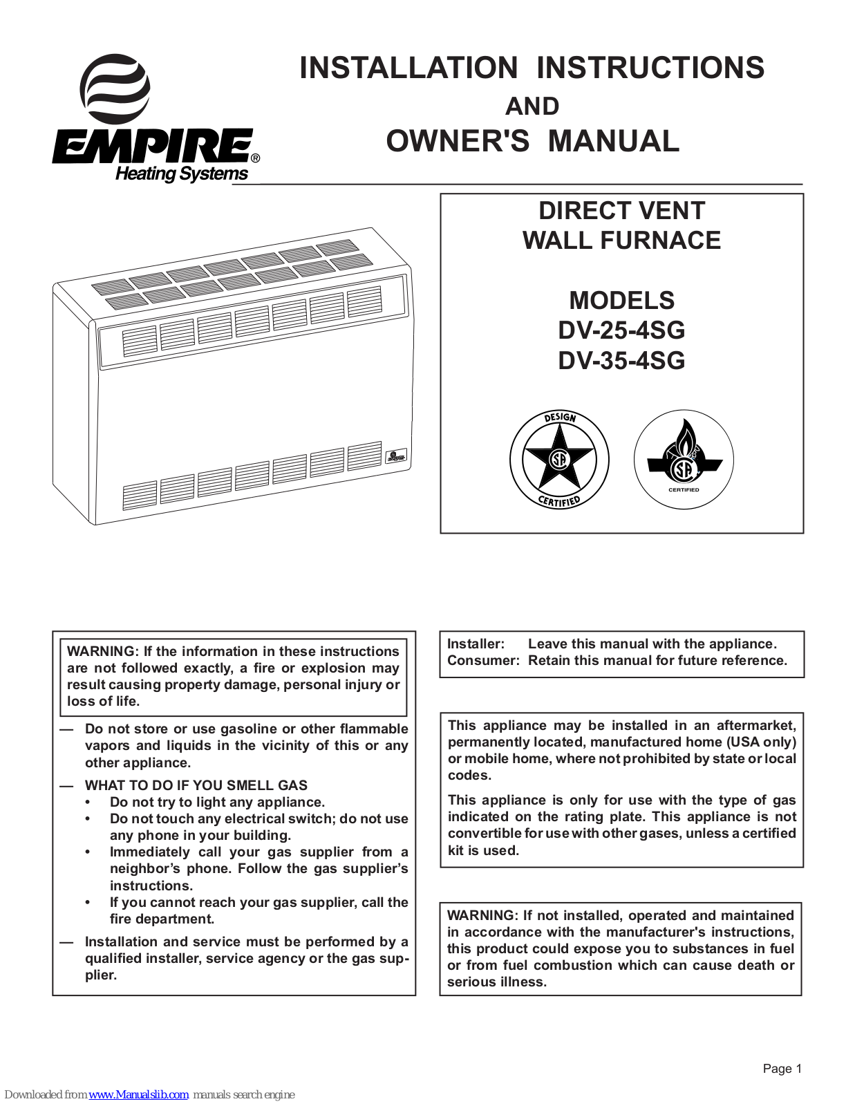 Empire Heating Systems DV-25-4SG, DV-35-4SG Installation Instructions And Owner's Manual