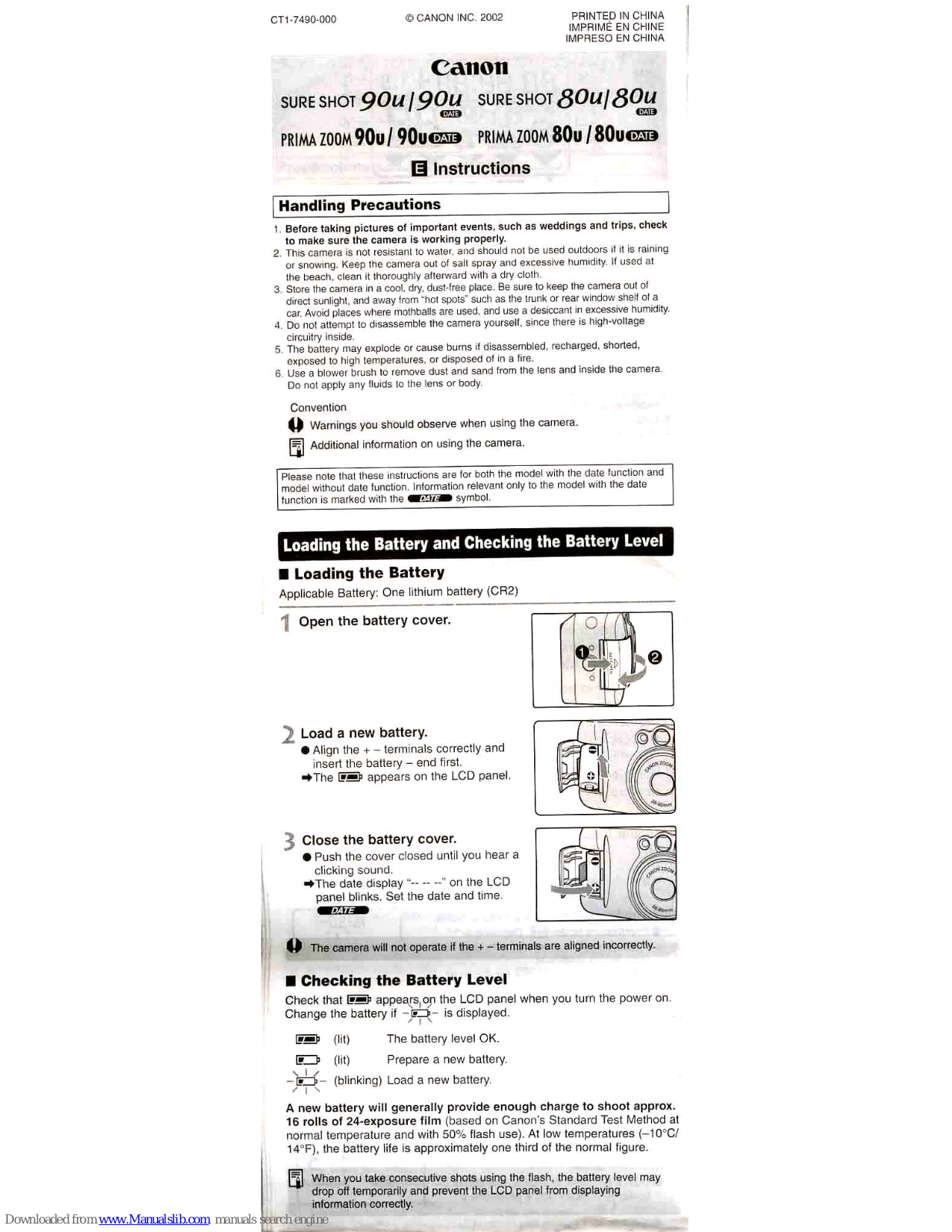 Canon Sure Shot 90u Date, Sure Shot 80u Date, Prima Zoom 90u, Prima Zoom 90u Date, Prima Zoom 80u User Manual