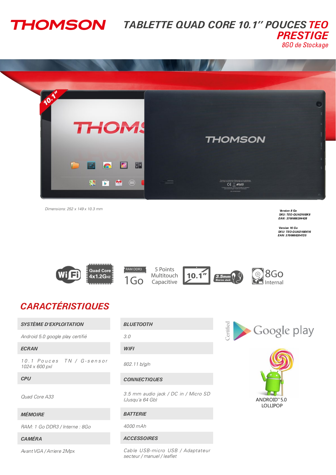 Thomson TEO-QUAD10BK8, TEO-QUAD10BK16 product sheet