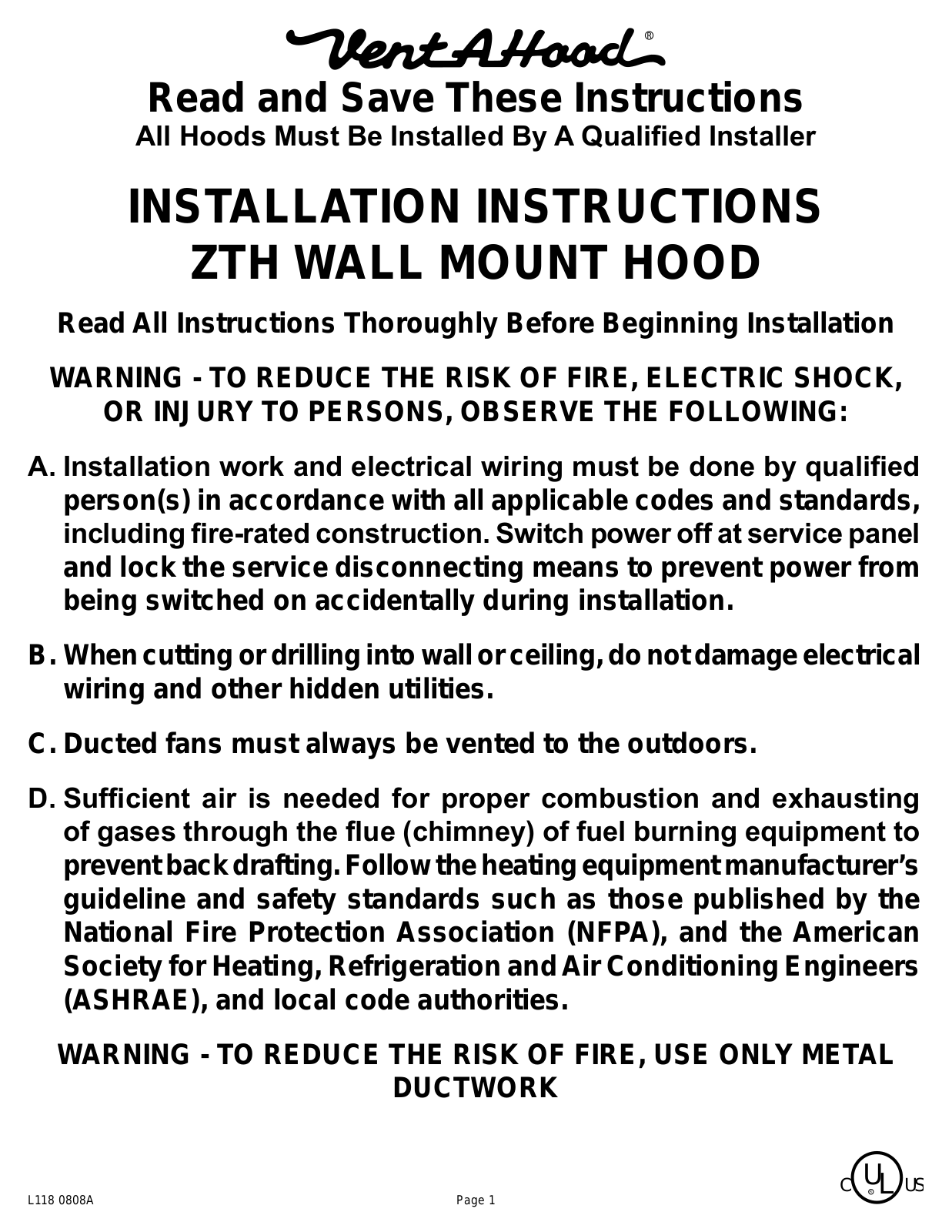 Vent-a-Hood ZTH Installation Instructions Manual