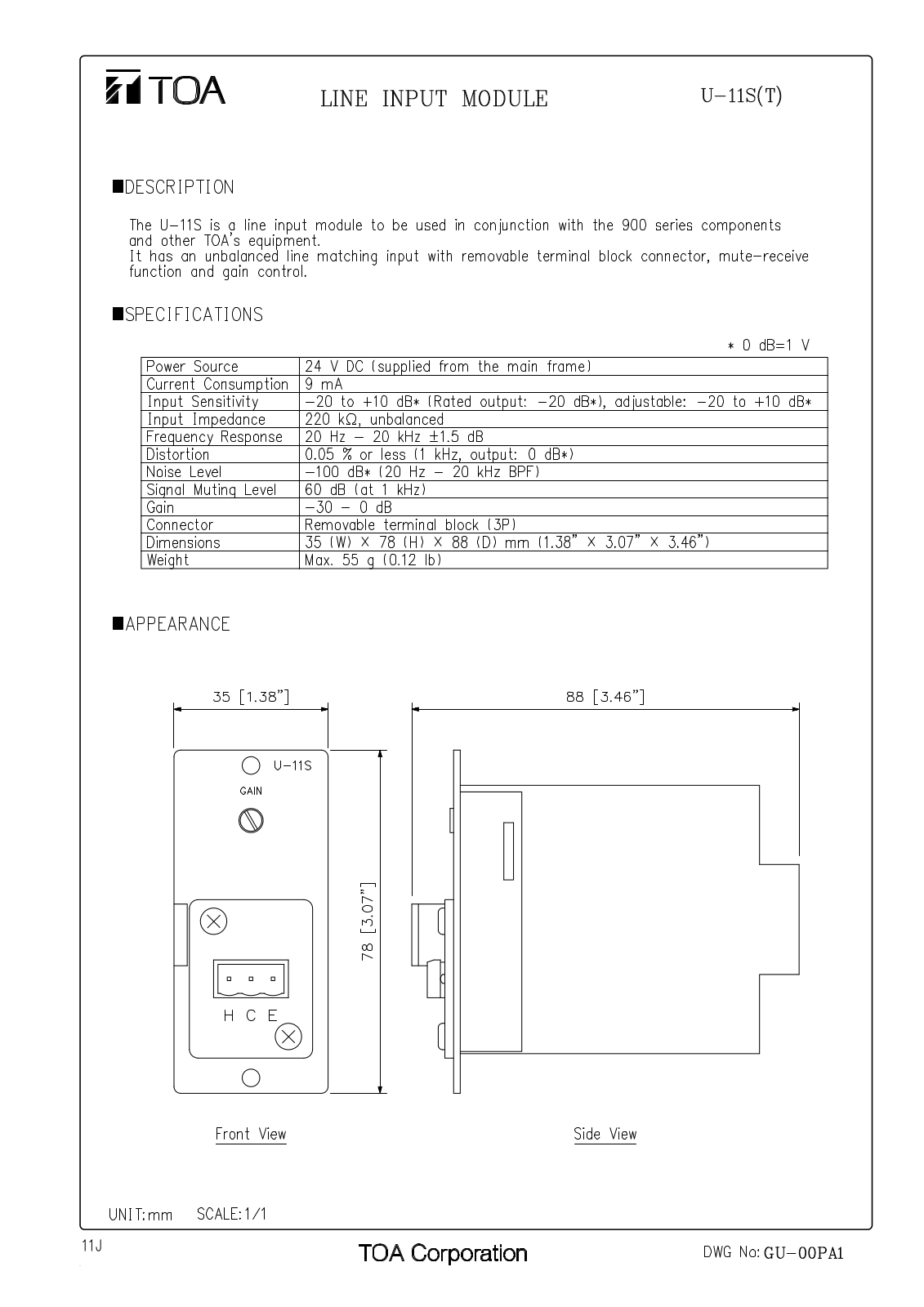 TOA U-11S T User Manual