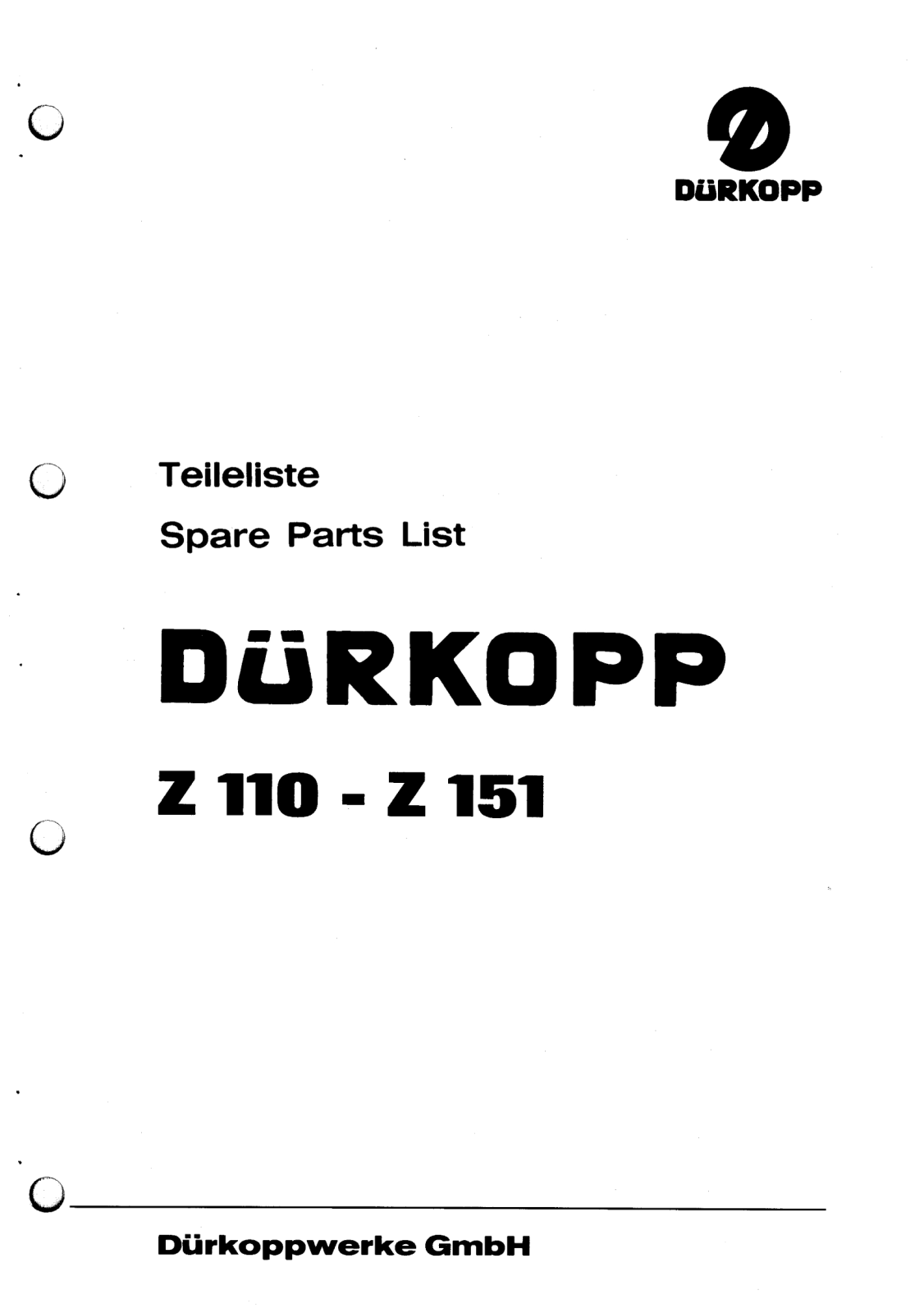 Dürkopp Adler Z110, Z151 Parts List