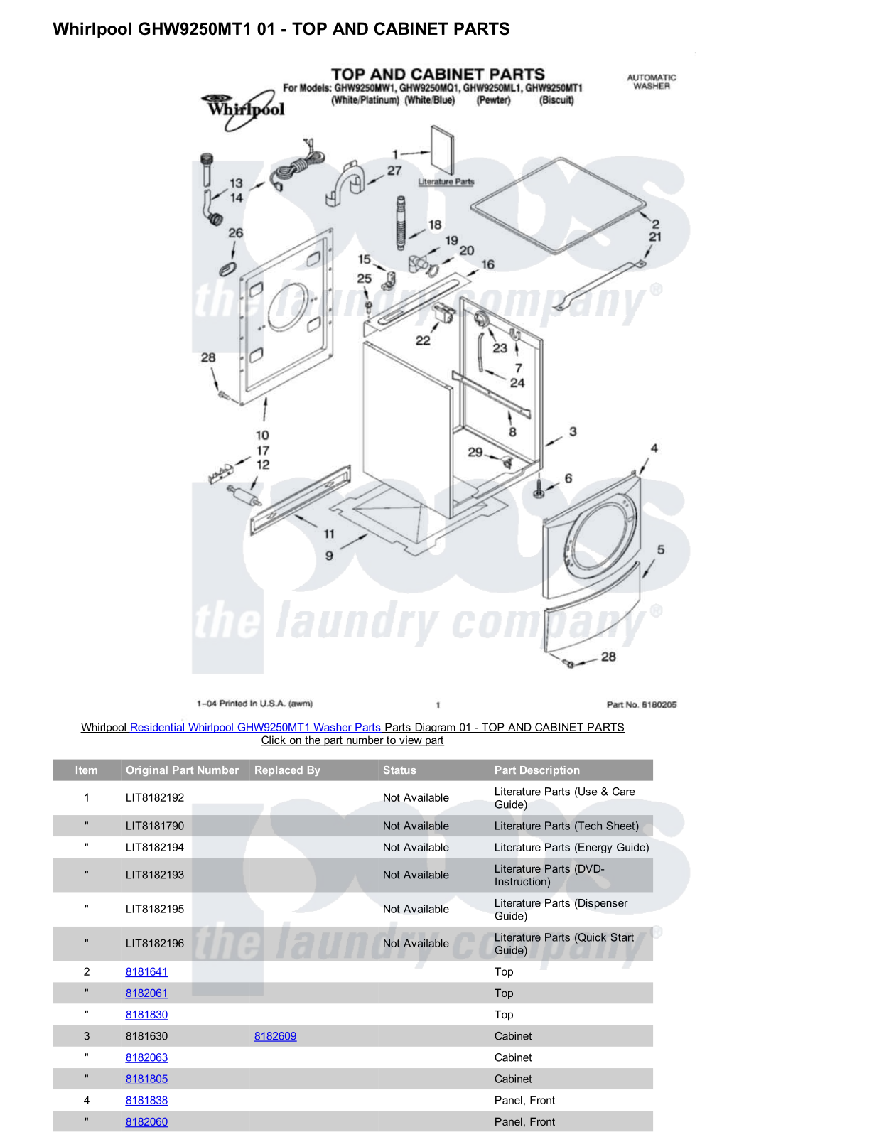 Whirlpool GHW9250MT1 Parts Diagram