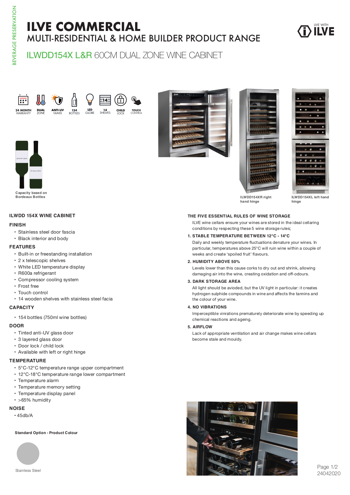 ILVE ILWDD154XR, ILWDD154XL Specifications Sheet