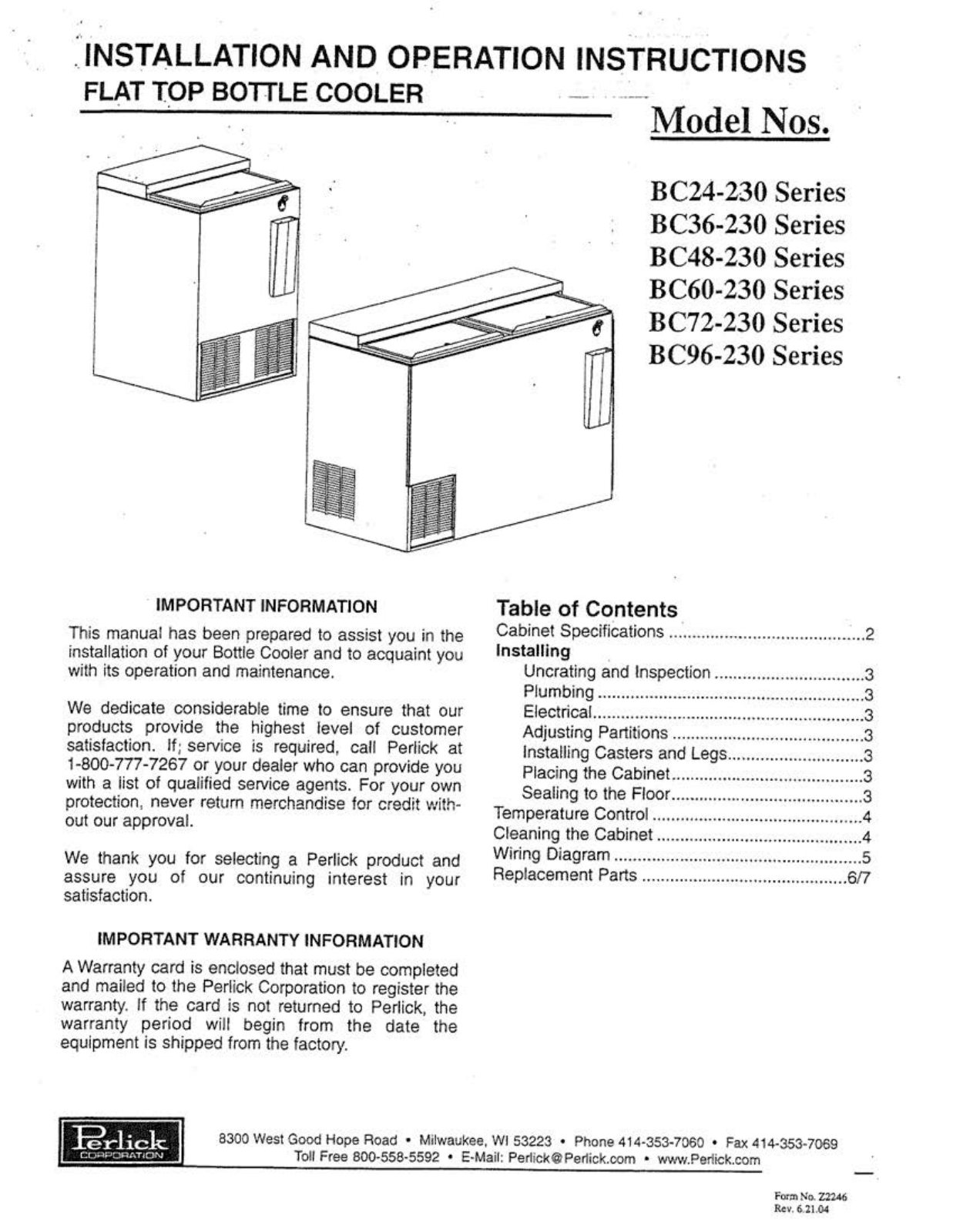 Perlick BC36-230 Service Manual