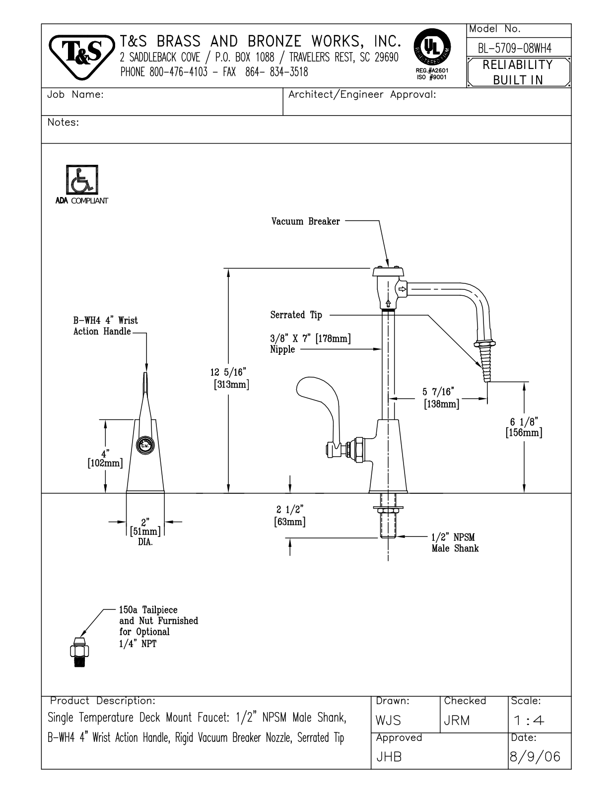 T & S Brass & Bronze Works BL-5709-08WH4 General Manual