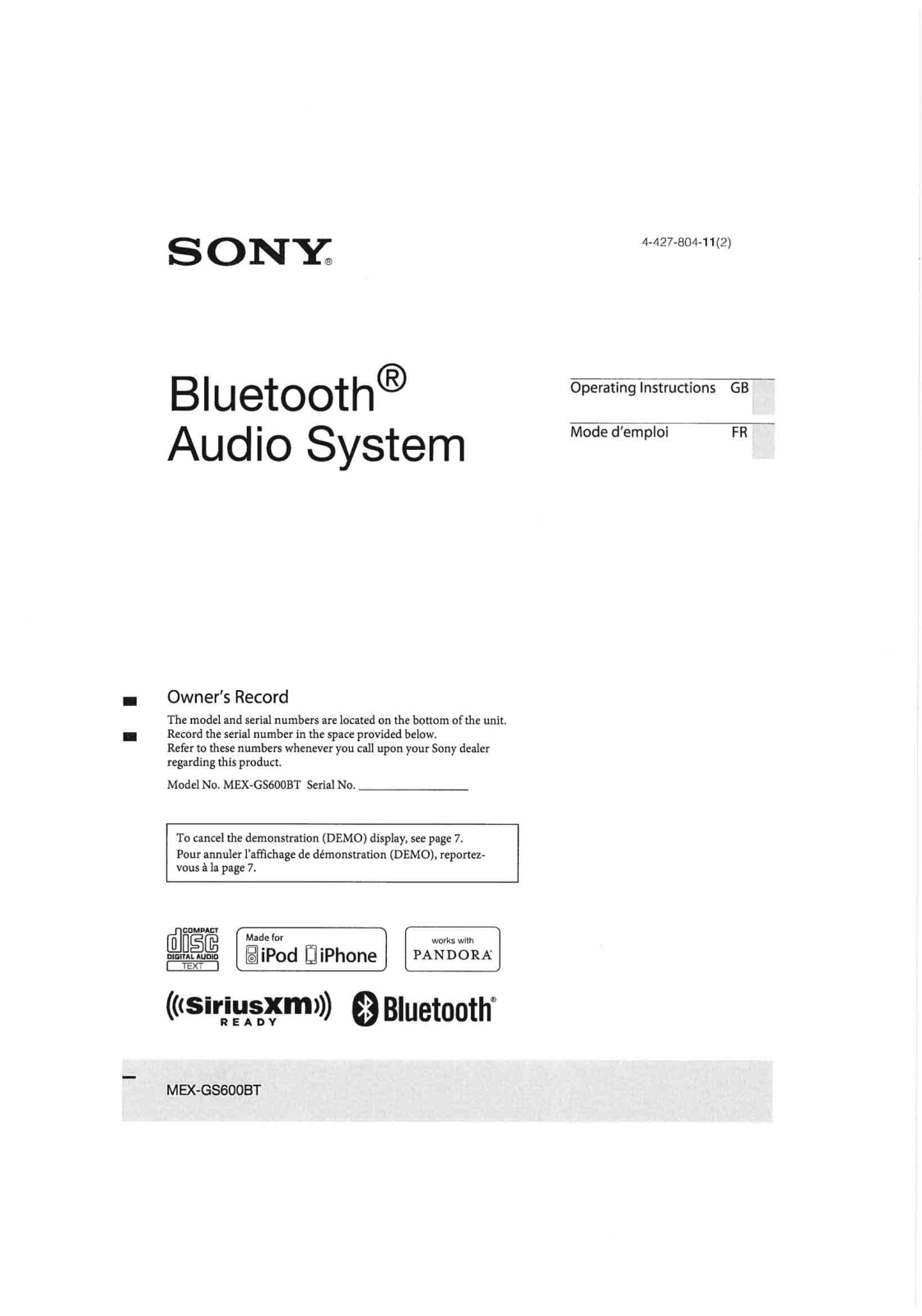 Sony MEXGS600BT Users Manual