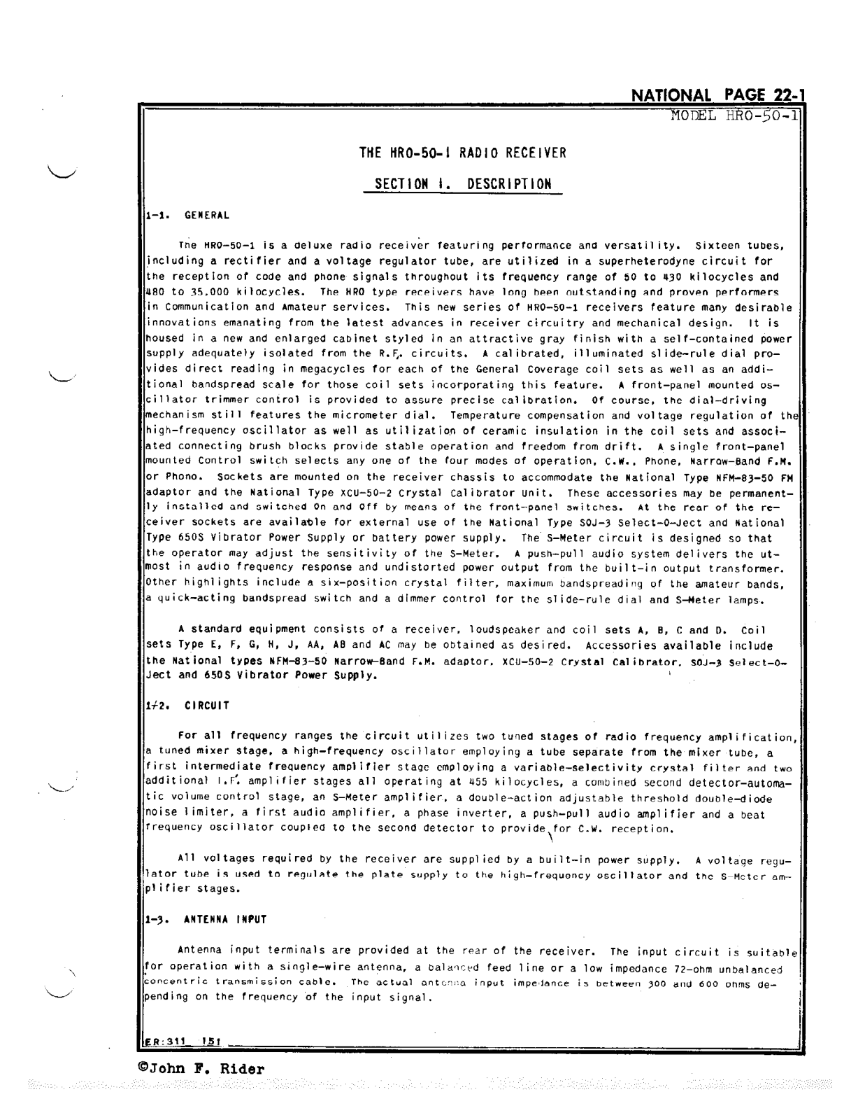 NATIONAL RADIO HRO-50-1 User Manual