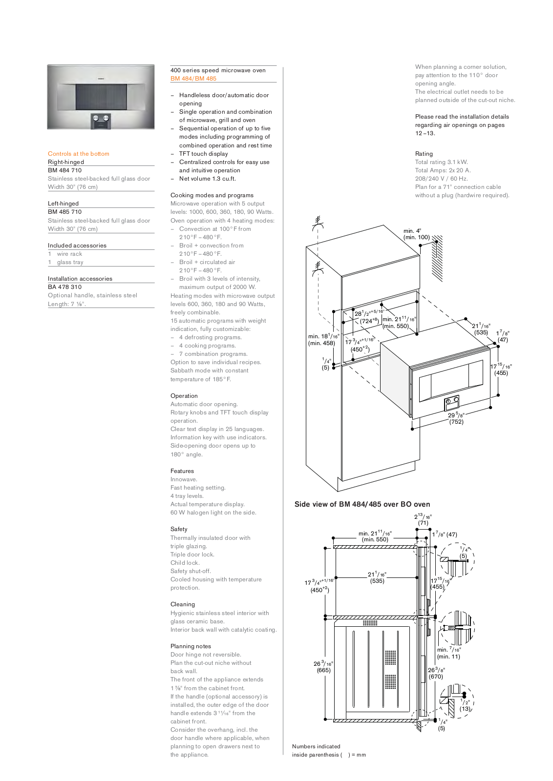 Gaggenau BM485710 PRODUCT SPECIFICATIONS