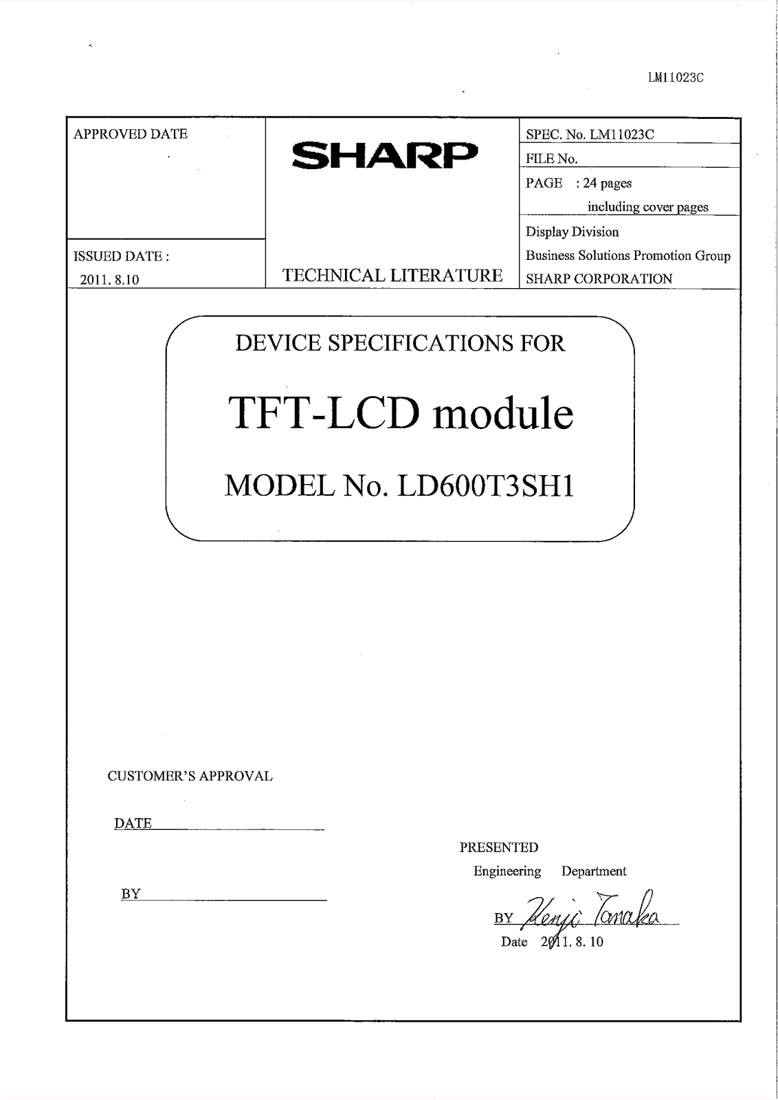 SHARP LD600T3SH1 Specification