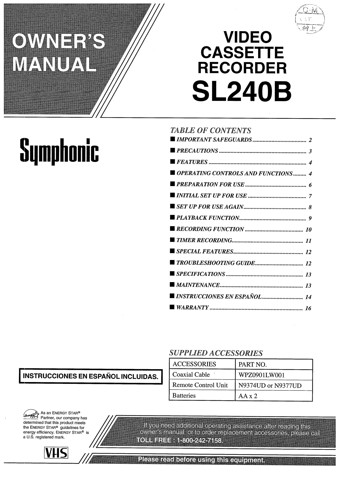 FUNAI SL240B, SL240B User Manual