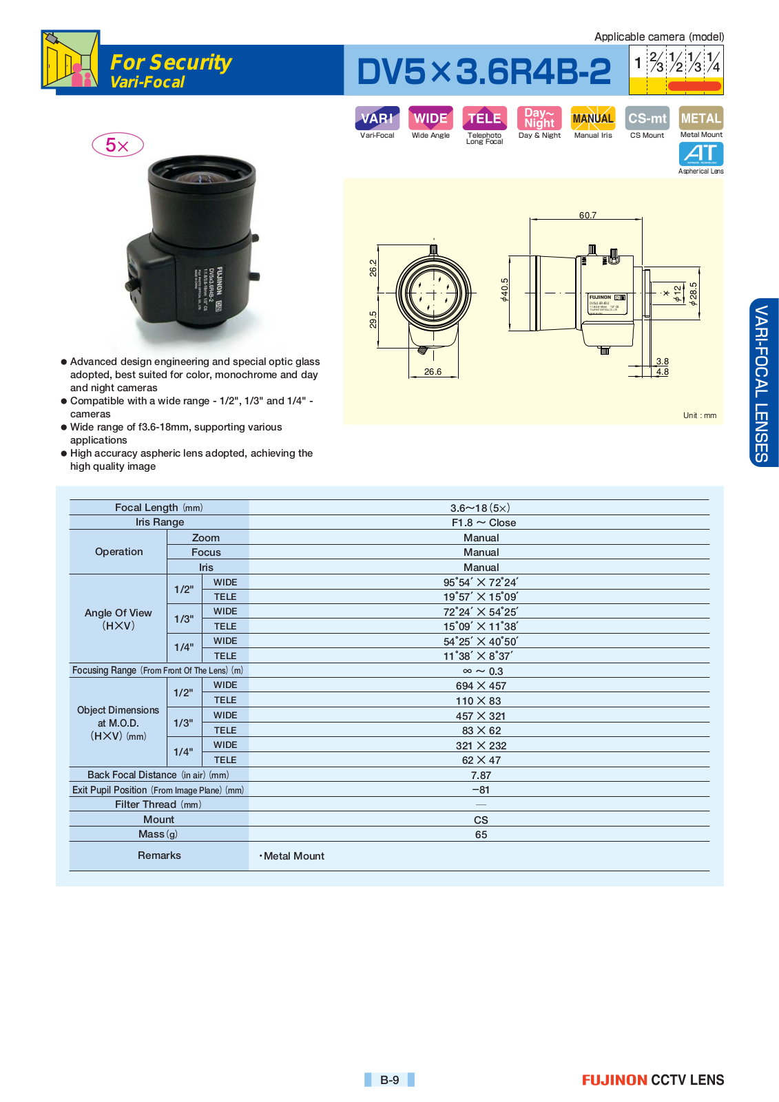 Fujinon DV5x3.6R4B-2 Specsheet