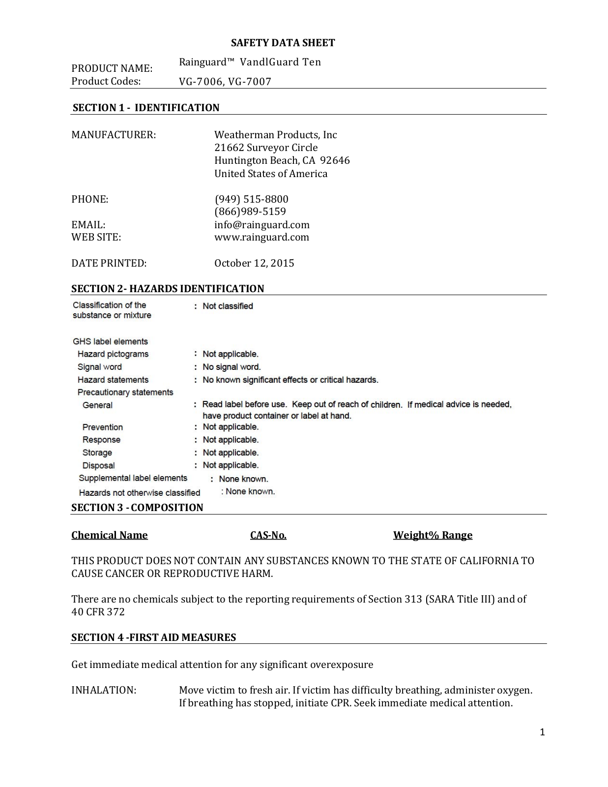 Rainguard International VG-7007CS User Manual