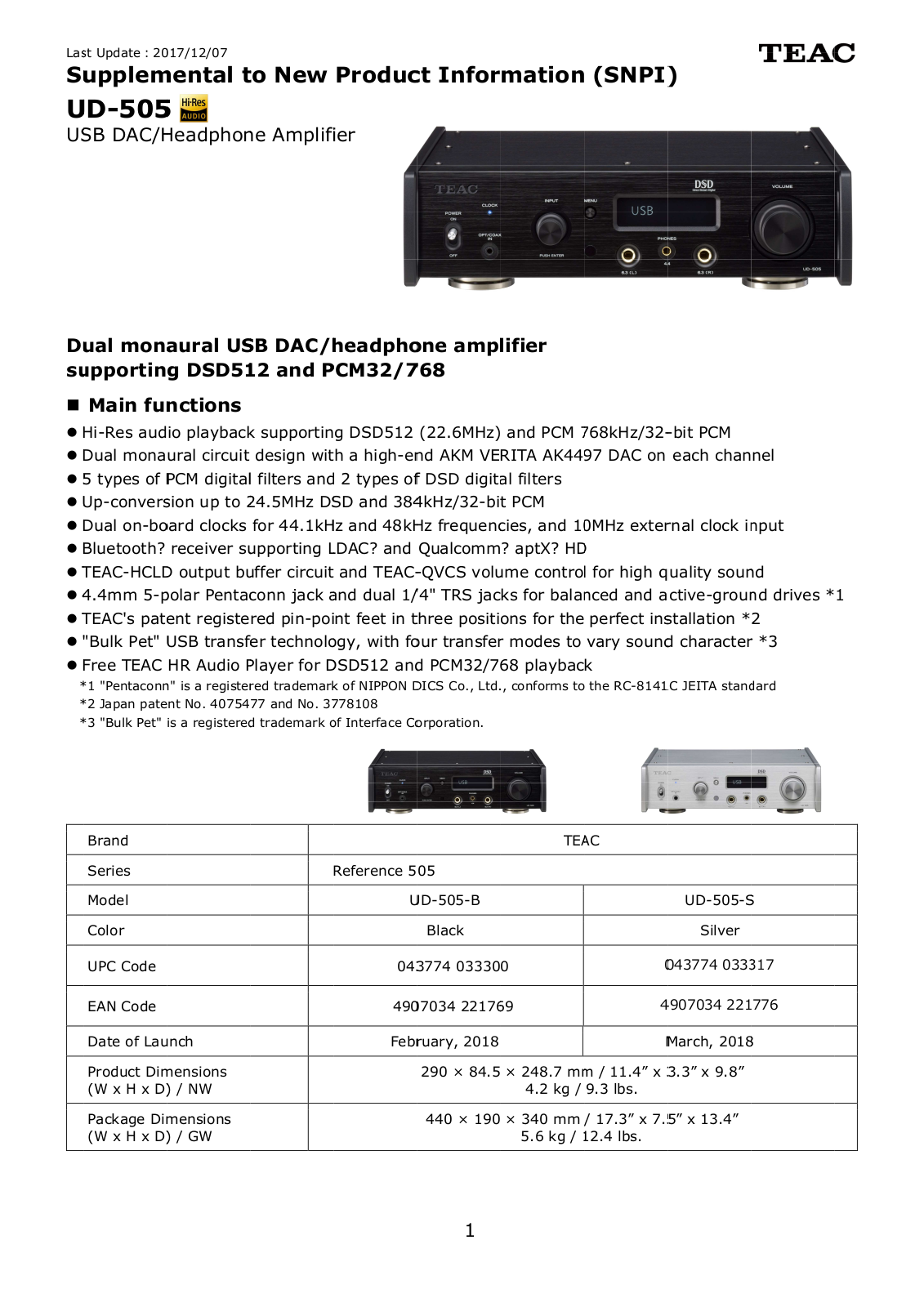 TEAC UD-505 Technical data