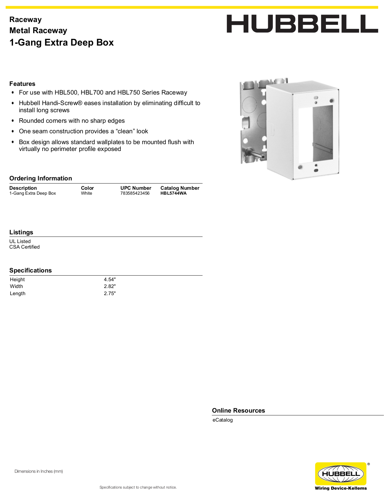 Hubbell HBL5744WA Specifications