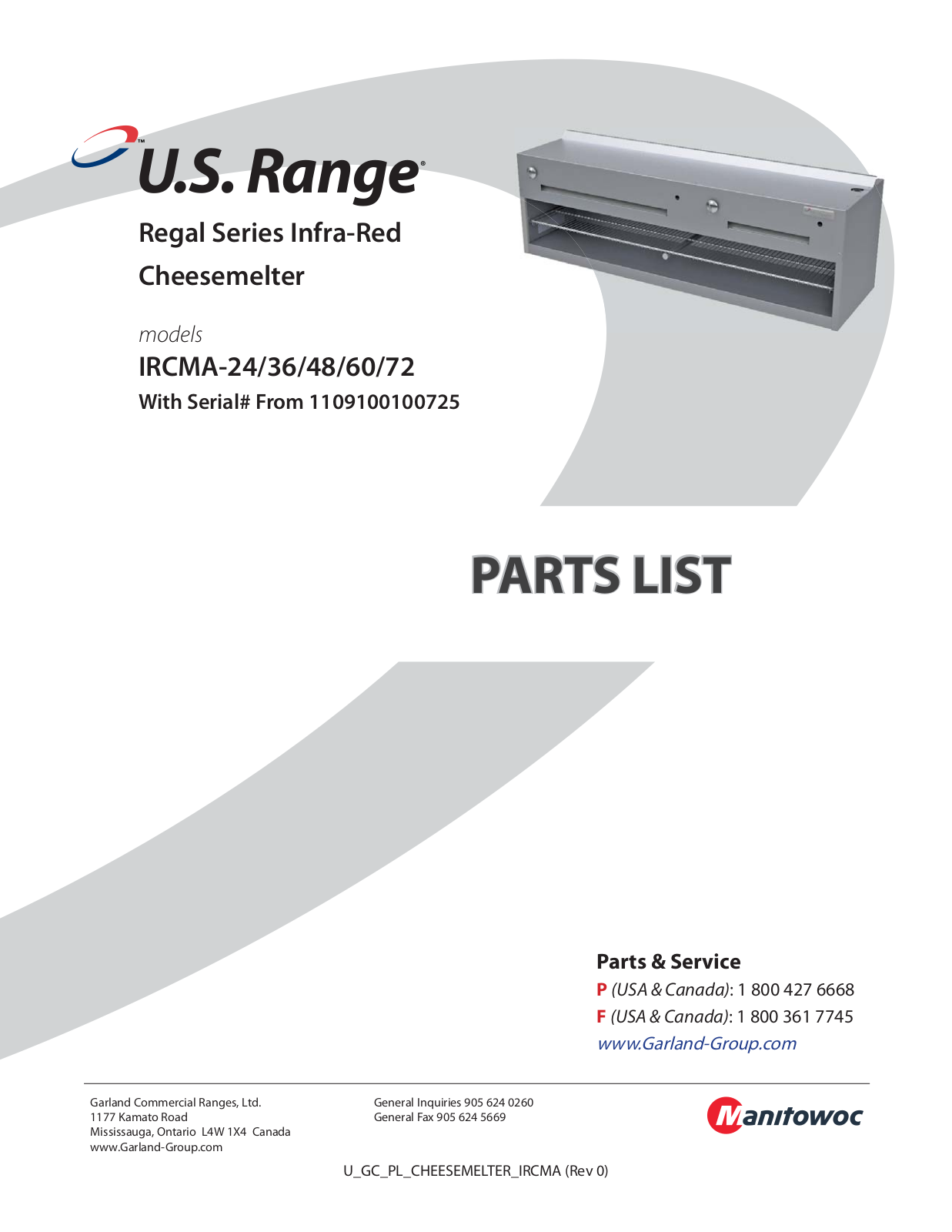 Garland IRCMA-36 PARTS LIST