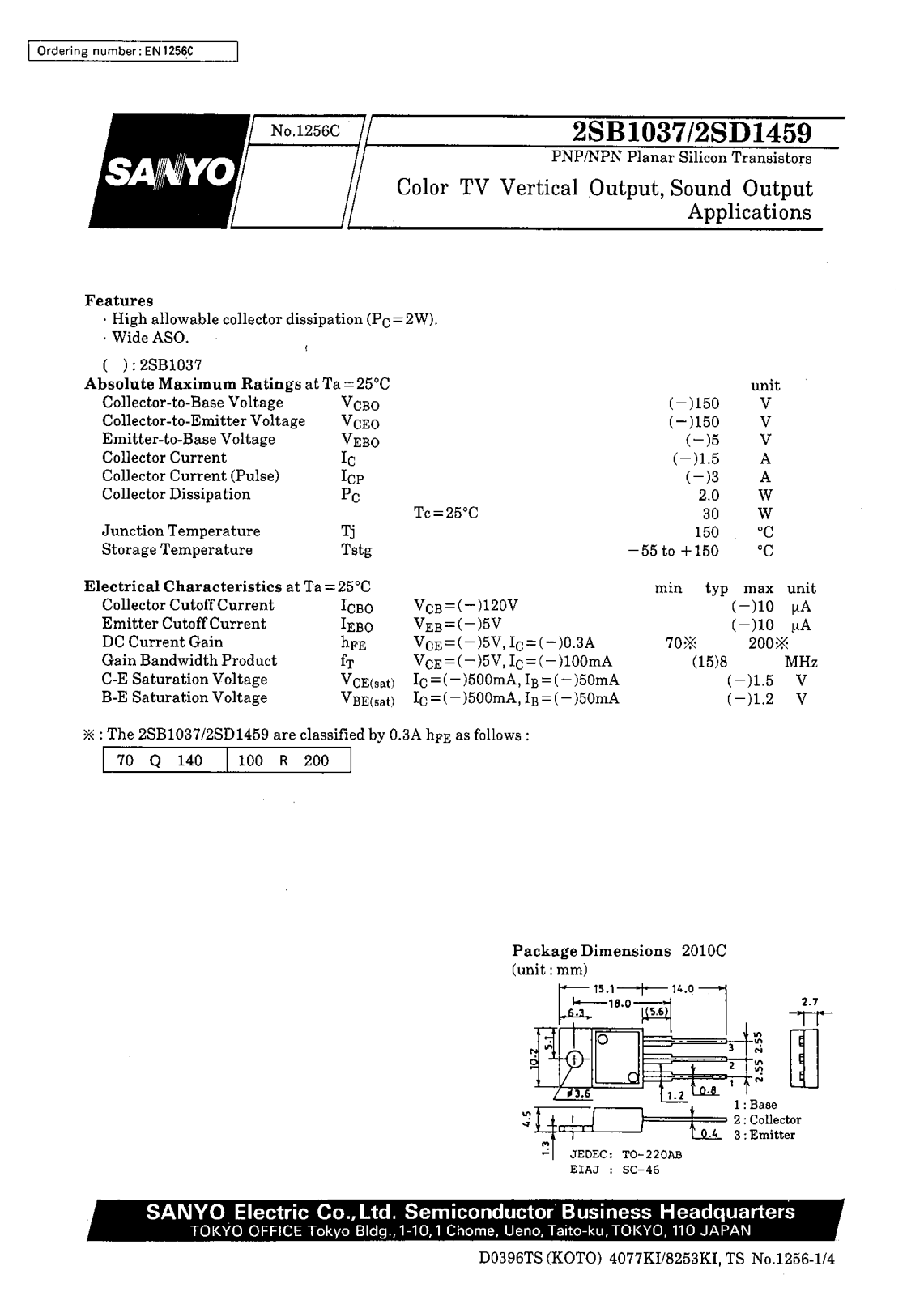 SANYO 2SD1459, 2SB1037 Datasheet