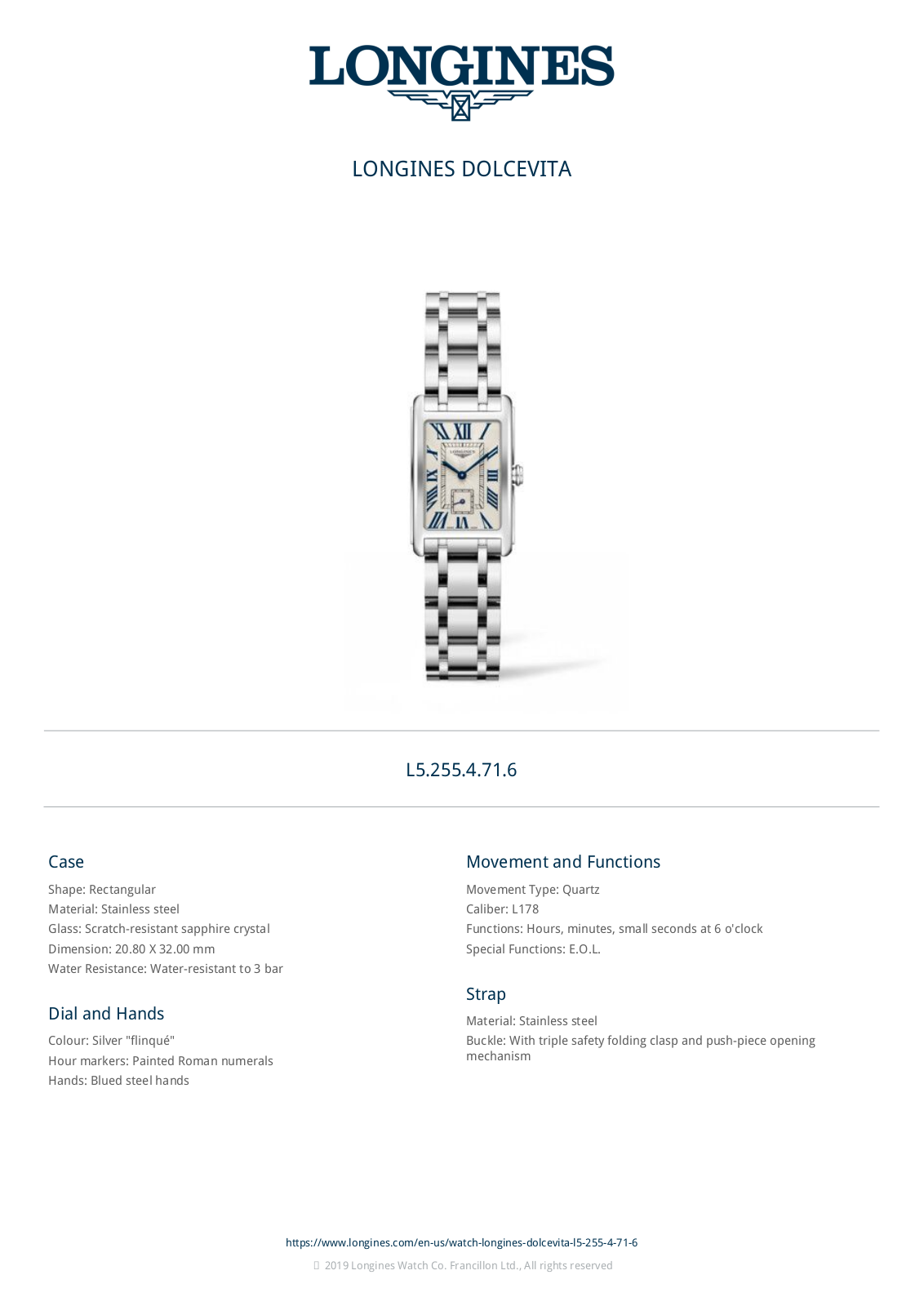Longines L52554716 Specification Sheet - ManualMachine.com