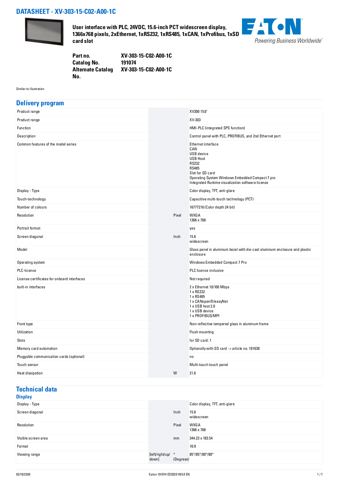 Cutler Hammer, Div of Eaton Corp XV-303-15-C02-A00-1C Data Sheet