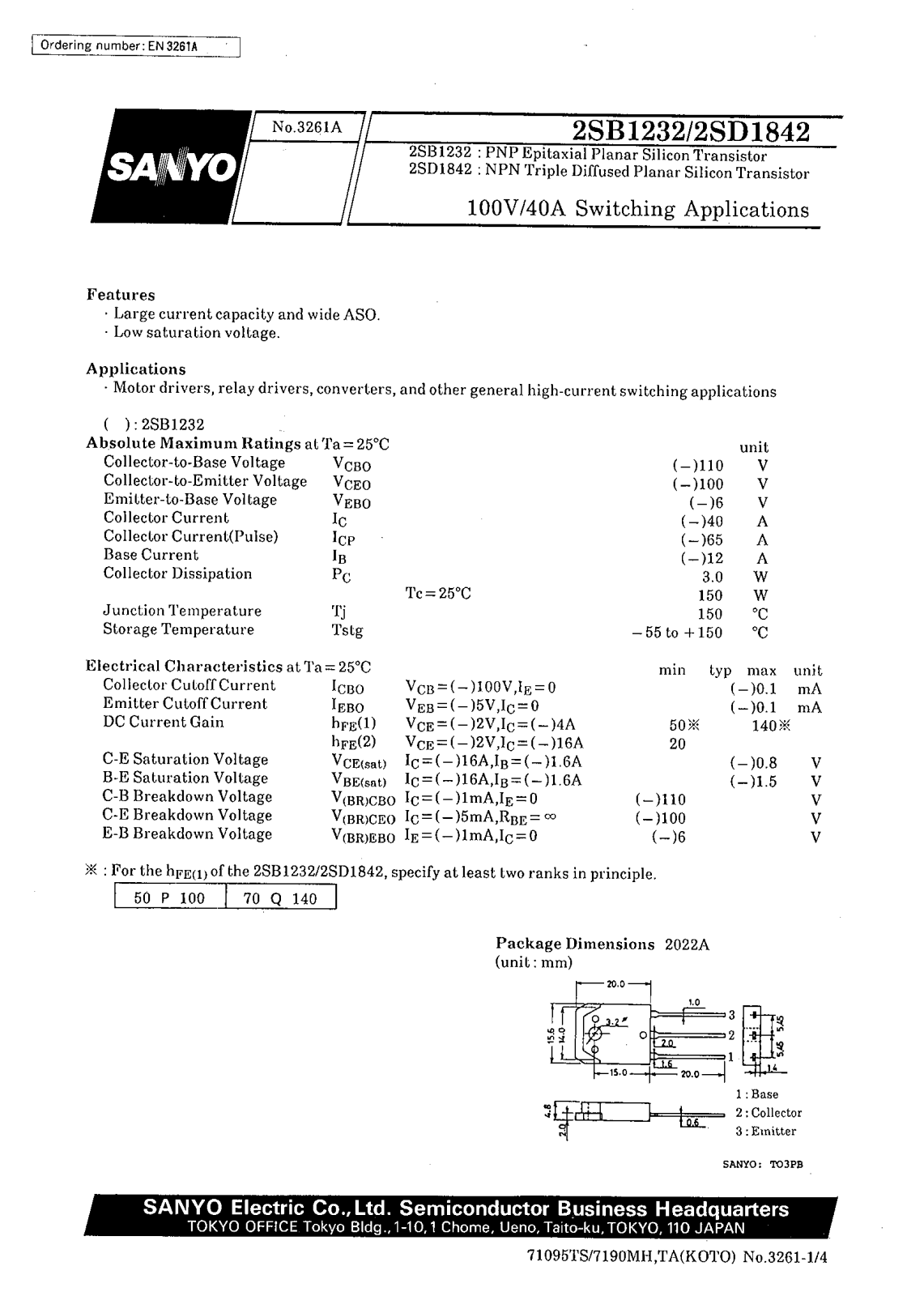 SANYO 2SD1842, 2SB1232 Datasheet