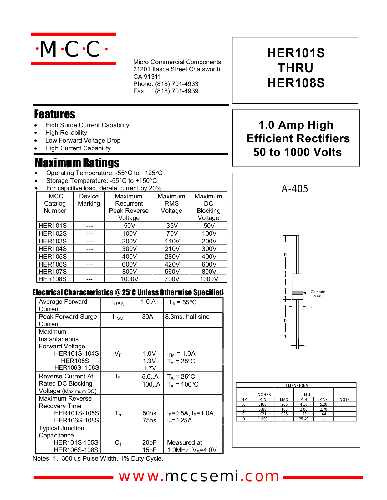 MCC HER106S, HER108S, HER104S, HER102S, HER103S Datasheet