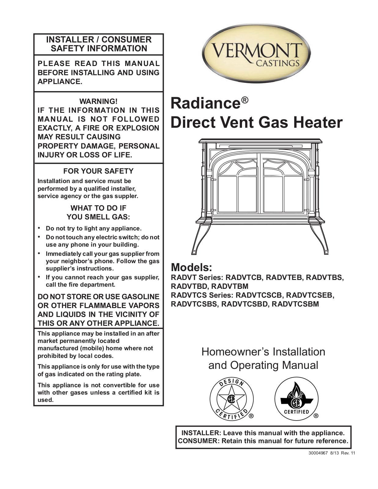 Vermont Castings RADVTBM, RADVTEB, RADVTCSCB, RADVTCSEB, RADVTCSBS Homeowner's Installation And Operating Manual