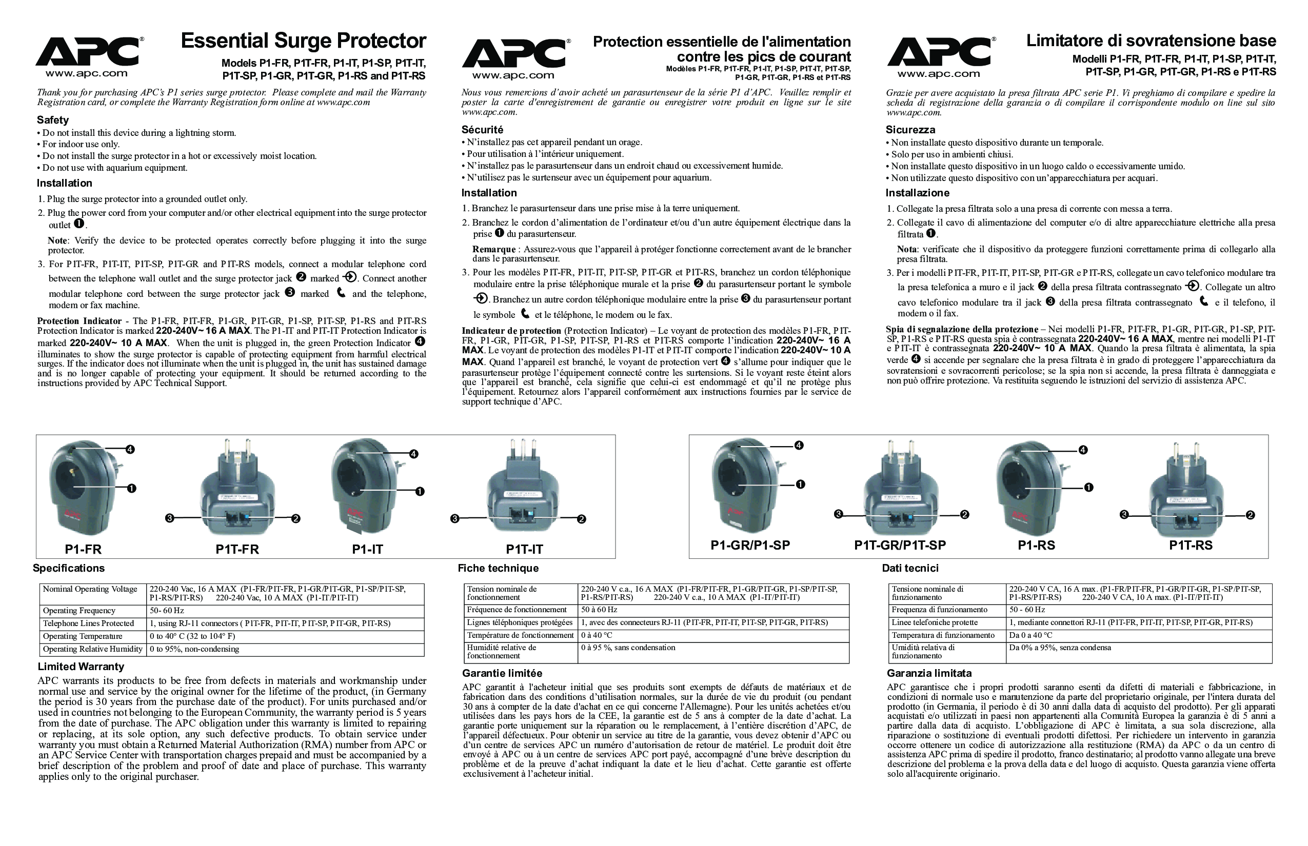 APC P1T-GR, P1T-SP, P1-FR, P1-RS, P1T-RS User Manual