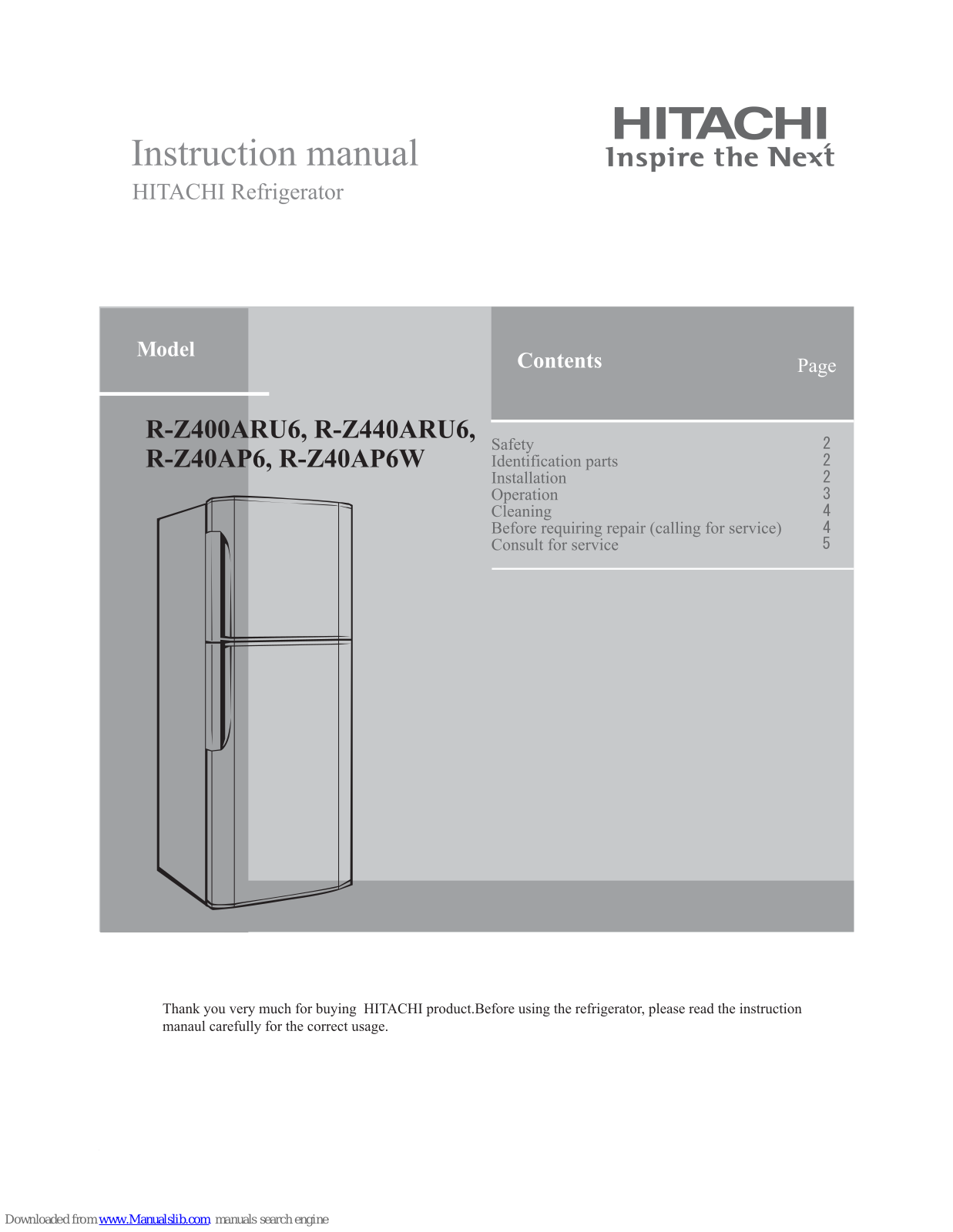 Hitachi R-Z40AP6W, R-Z40AP6 Instruction Manual