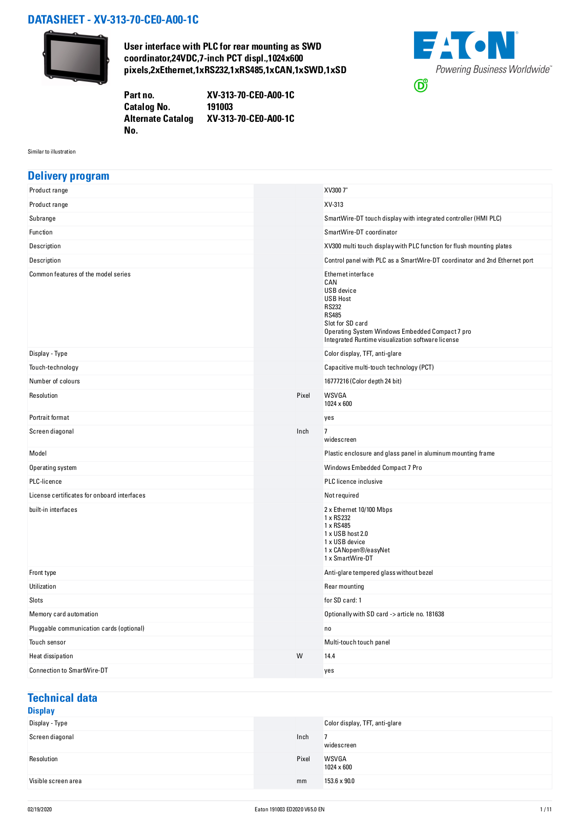 Cutler Hammer, Div of Eaton Corp XV-313-70-CE0-A00-1C Data Sheet