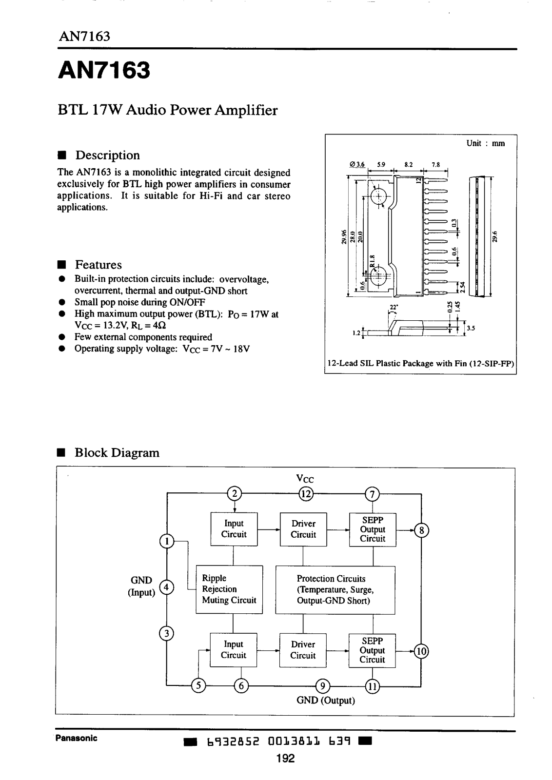 Panasonic AN7163FP, AN7163 Datasheet