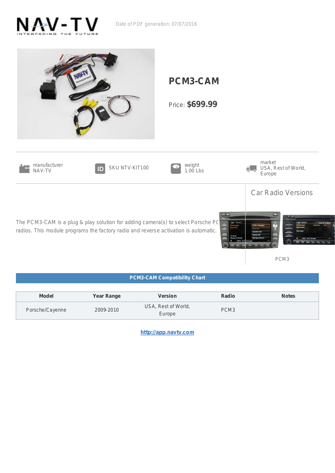 NAV-TV PCM3-CAM Specification Sheet