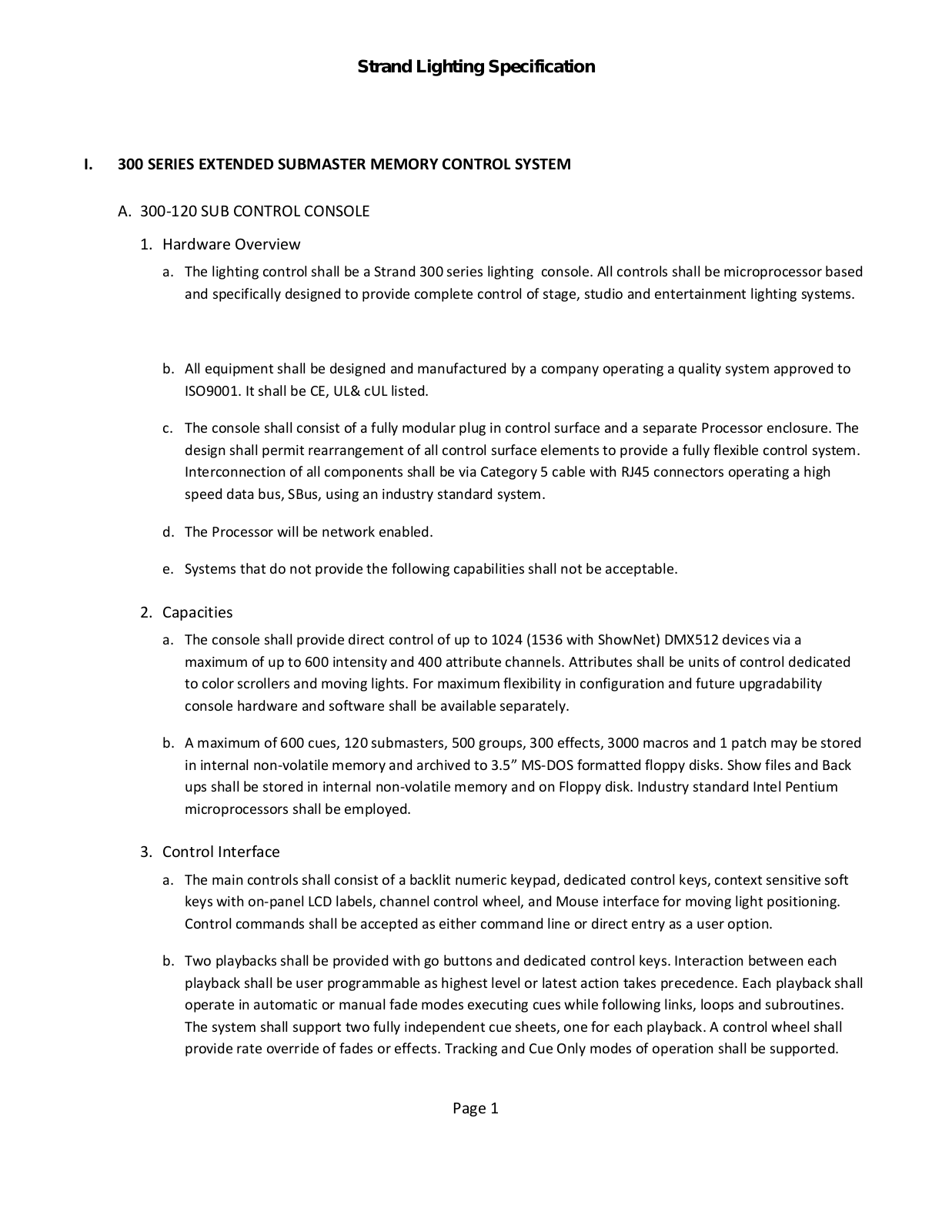 Strand 300 Series Extended Submaster Memory Control System Specification - ManualMachine.com