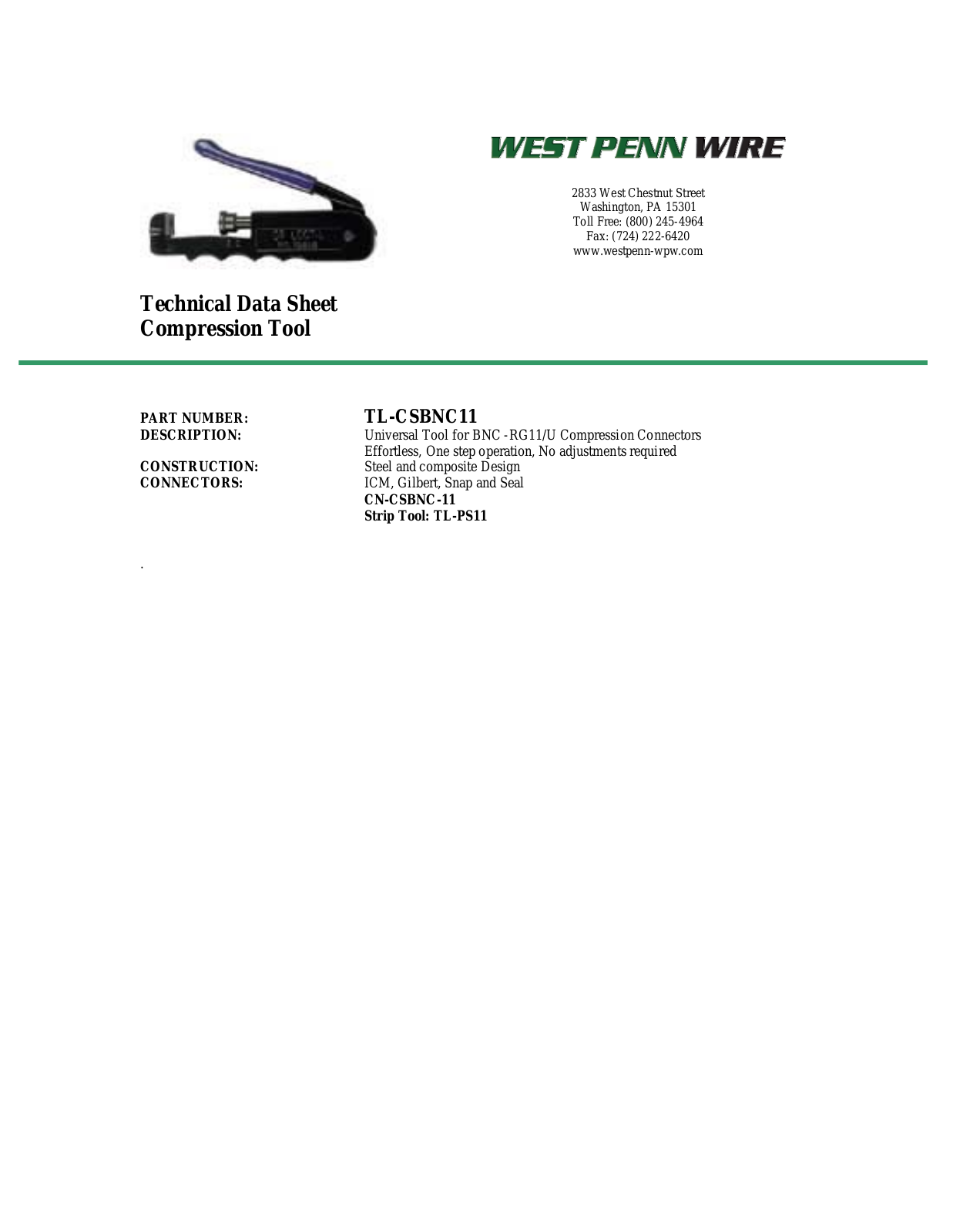 West Penn TL-CSBNC11 Specsheet