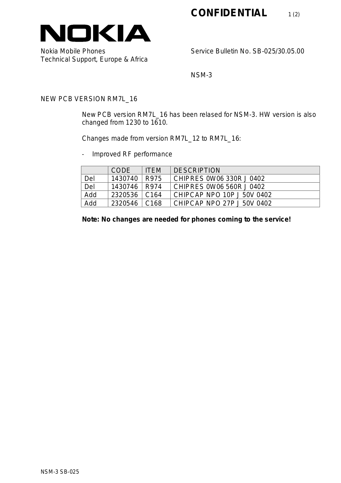 Nokia 8210 Service Bulletin 025