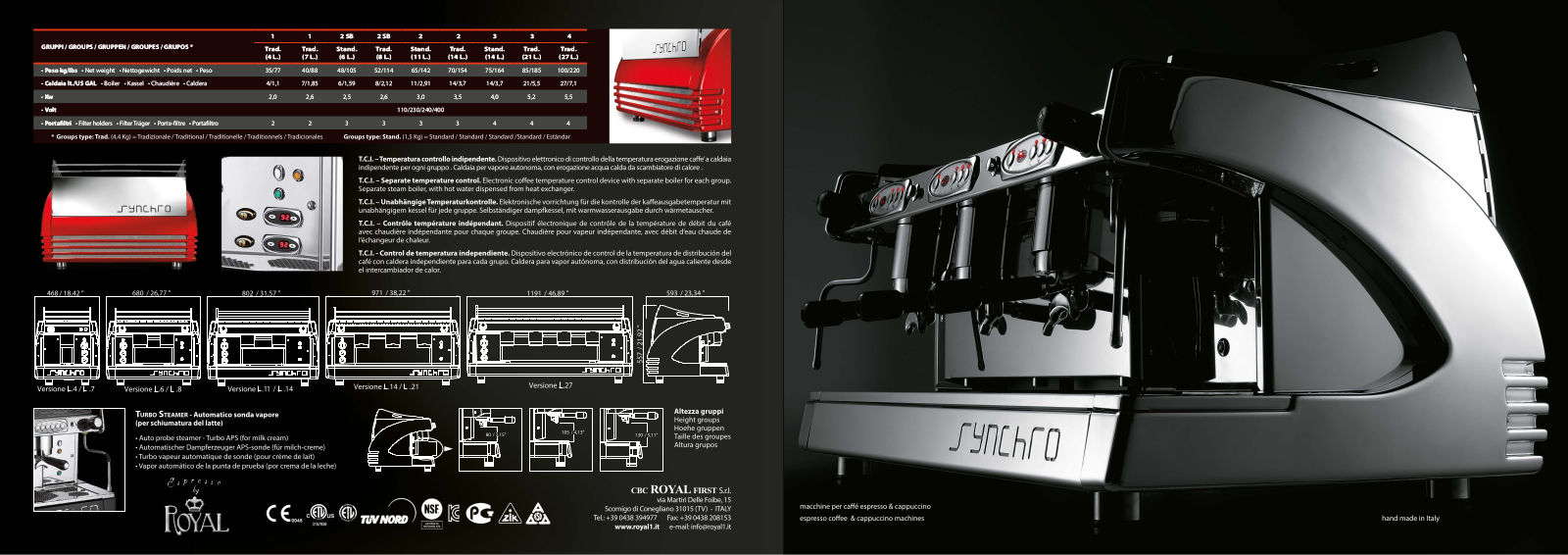 Royal Synchro 2 gr. elettronica P6, Synchro 2 gr. pulsante, Synchro 2 gr. levetta, Synchro 1 gr.elettronica P6, Synchro 1 gr. pulsante Brochure