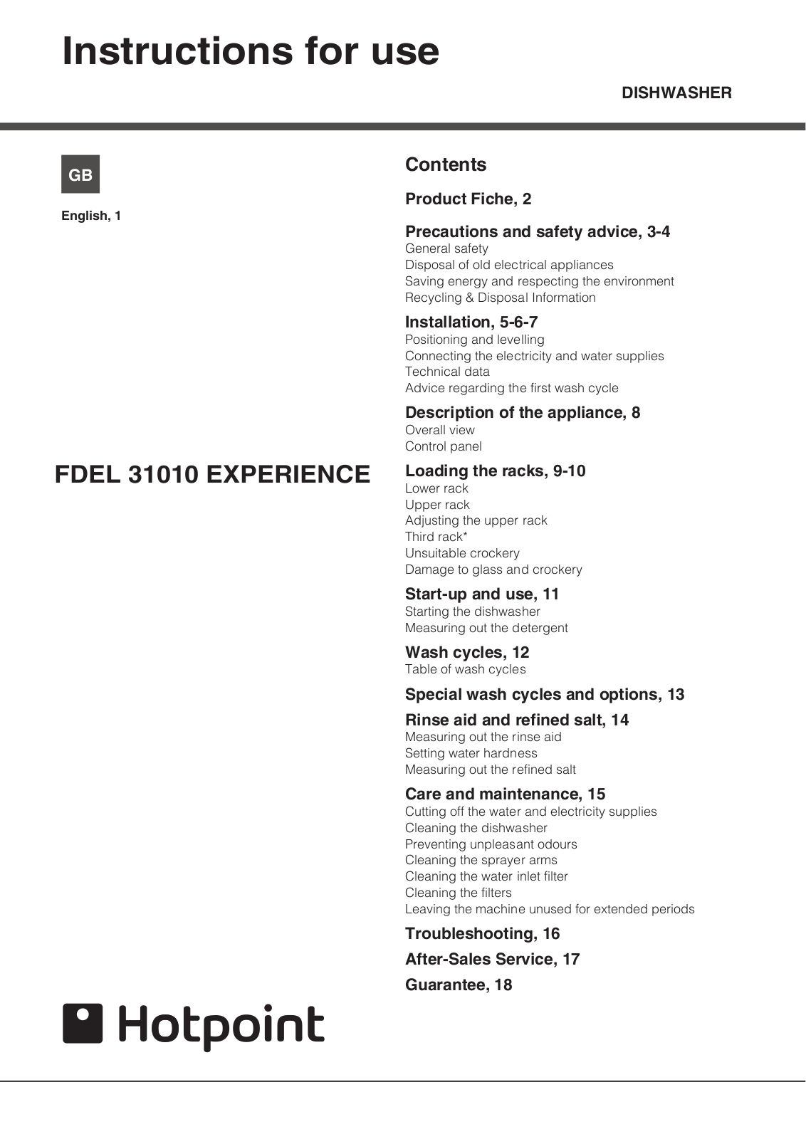 Hotpoint FDEL 31010 EXPERIENCE Instruction booklet