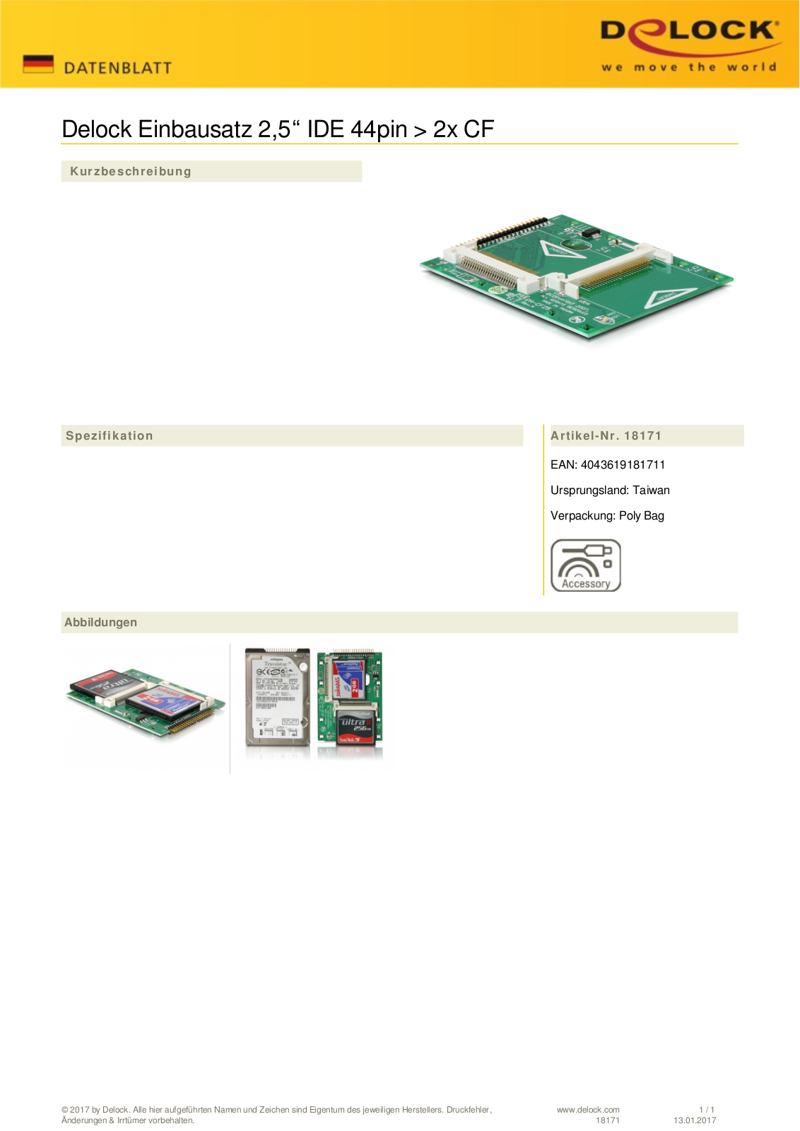 DeLOCK Einbau-Modul 2x CF, Dual-Slot-Cardreader, IDE 44-Pin  Buchse User Manual